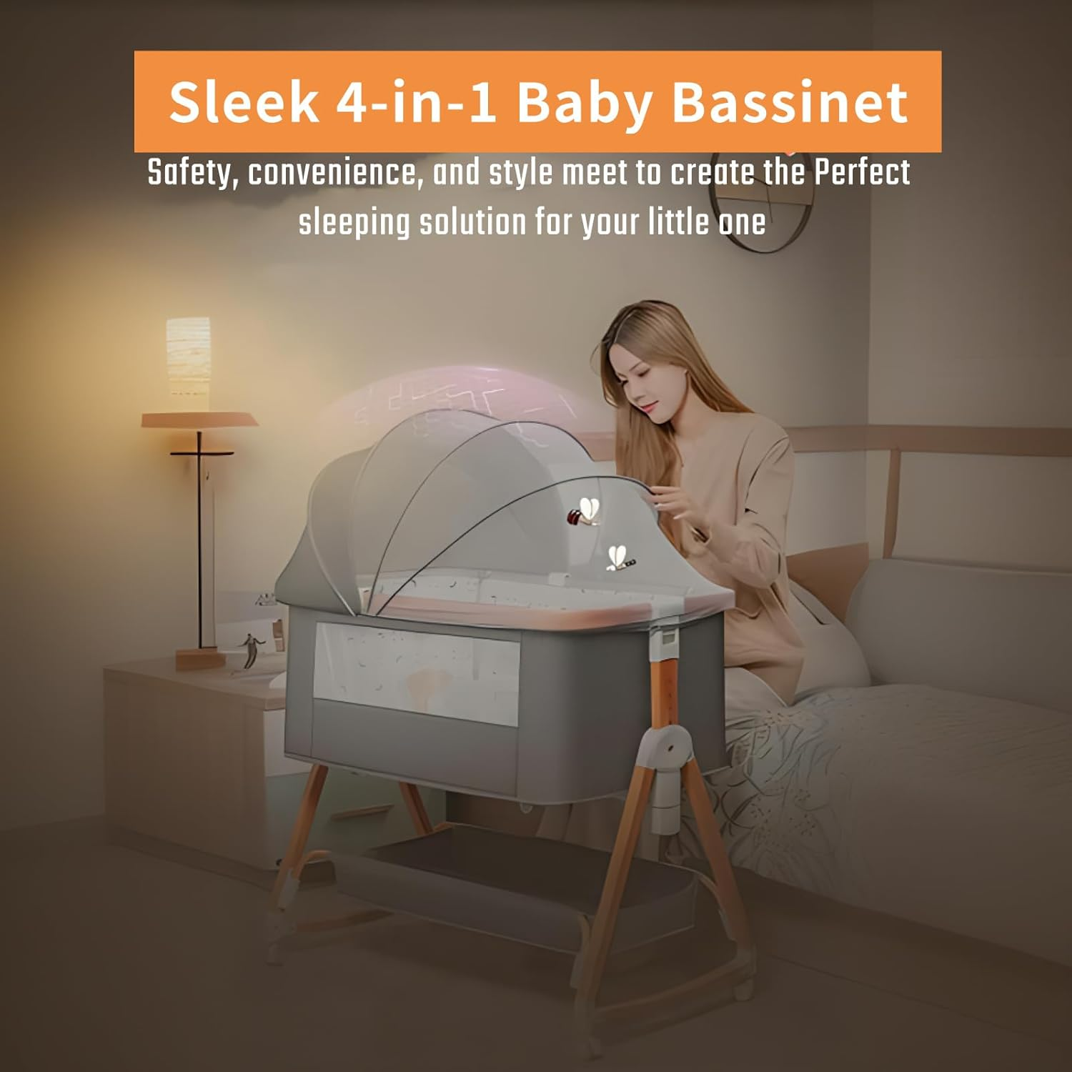 Gdaytao Baby Bassinet Bedside Sleeper - 4 in 1 Baby Cot, Highly Visible Co-Sleeper Bassinet, 6 Levels Adjustable Height Baby Bed with Mosquito Net, Foldable Baby Crib with Mattress & Storage Basket image number 4