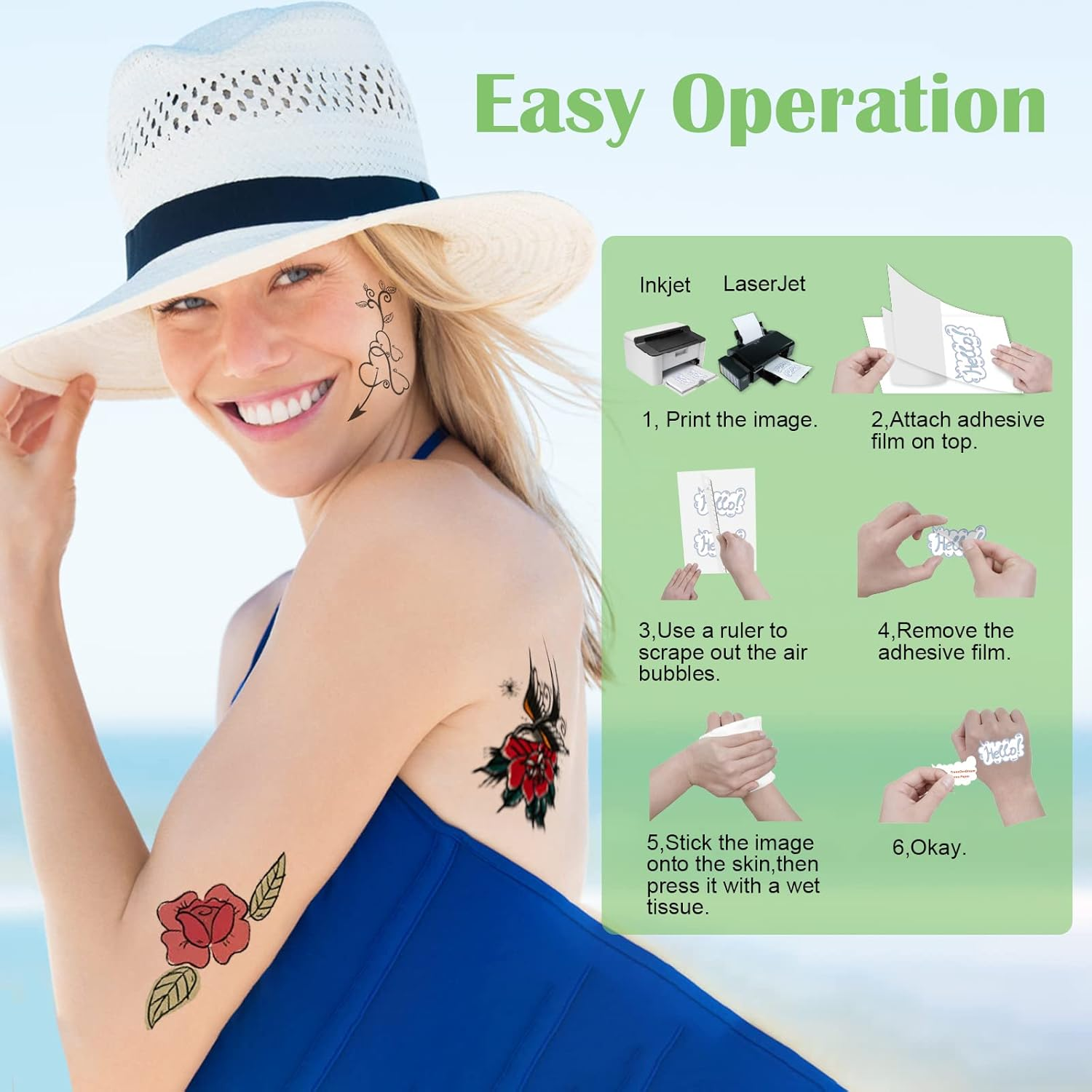 15 Sets A4 Tattoo Transfer Paper Printable Waterproof Temporary Tattoo Paper for Inkjet & Laser Printers(A4 Size+15 Sets) DIY Temporary Tattoos Stickers (Transparent) image number 6