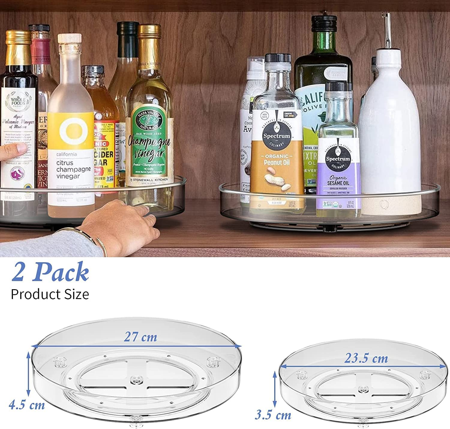 Nealie 2 Pack Lazy Susan Turntable Cupboard Organizer (27+23,5Cm), Rotatable Spice Rack Fridge, Clear Cupboard Condiment Spinning Tray, Multi-Functional Spice Rack for Kitchen Storage image number 1