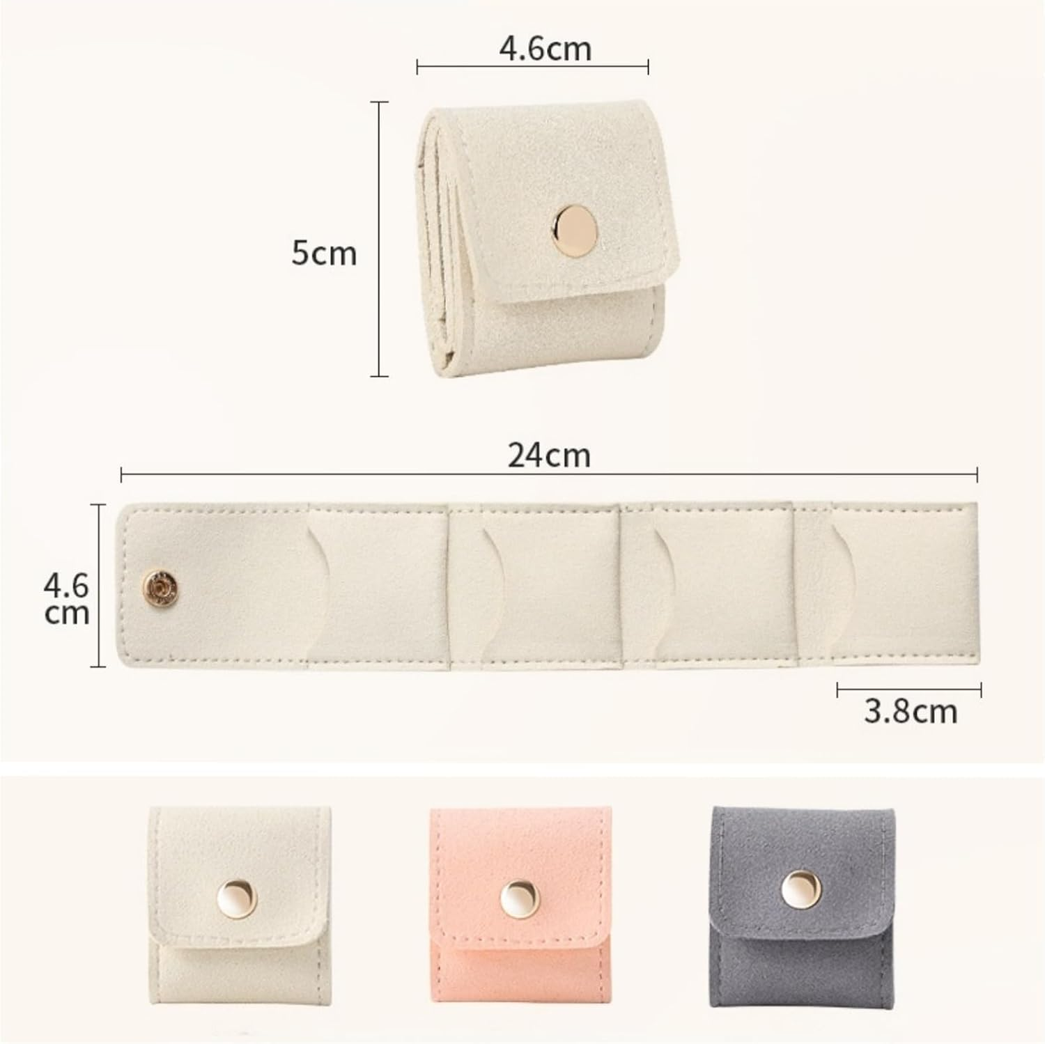 Kawlxpp PU Suede Mini Travel Jewellery Roll &ndash; Foldable Portable Organizer Case with Buckle for Rings, Earrings & Necklaces (3Pcs, Pink/Grey/Beige)