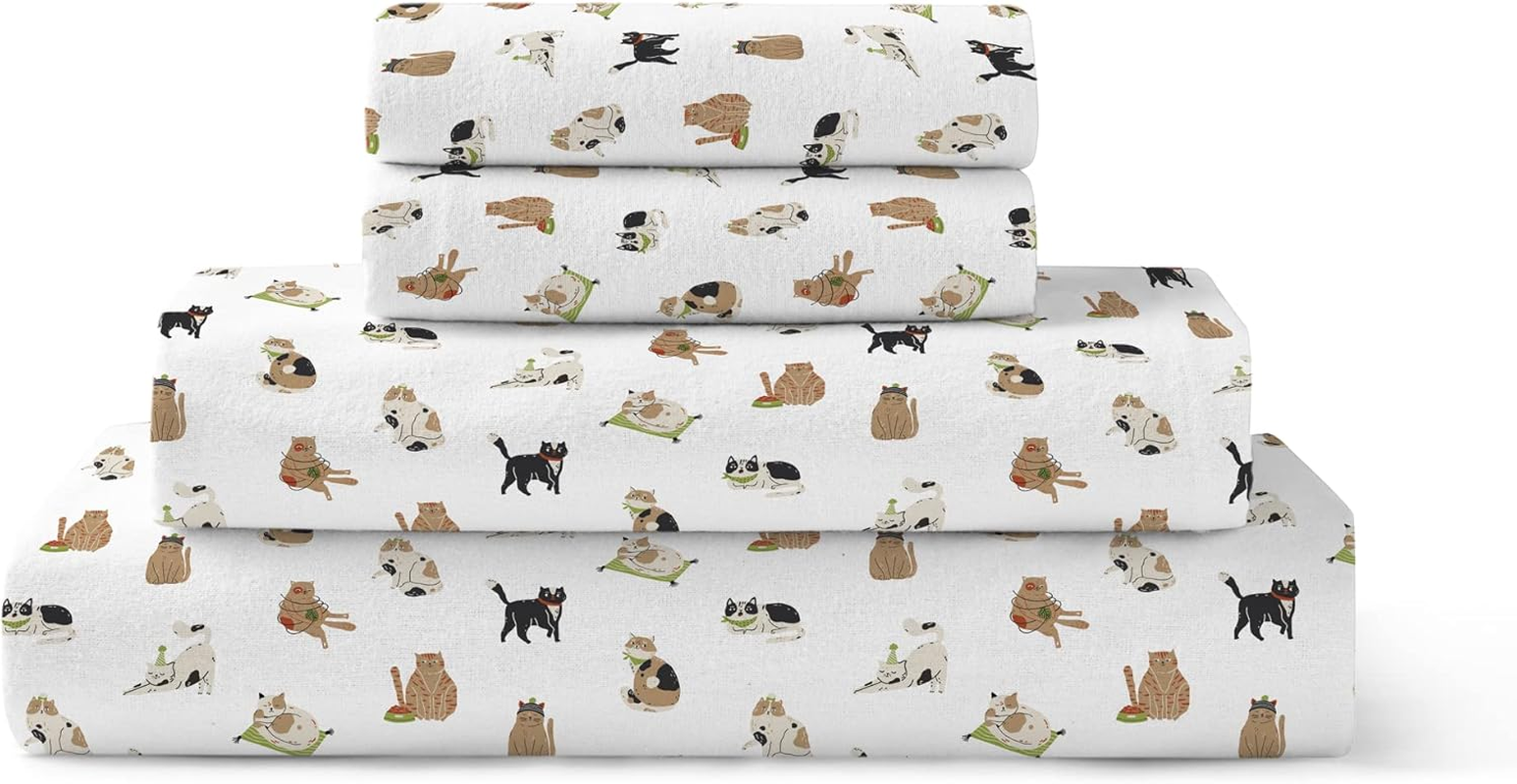 Brielle Home Flannel Sheet Set Cotton Soft Warm & Cozy Modern Chic with Elastic Deep Pockets, Queen, Deers Red