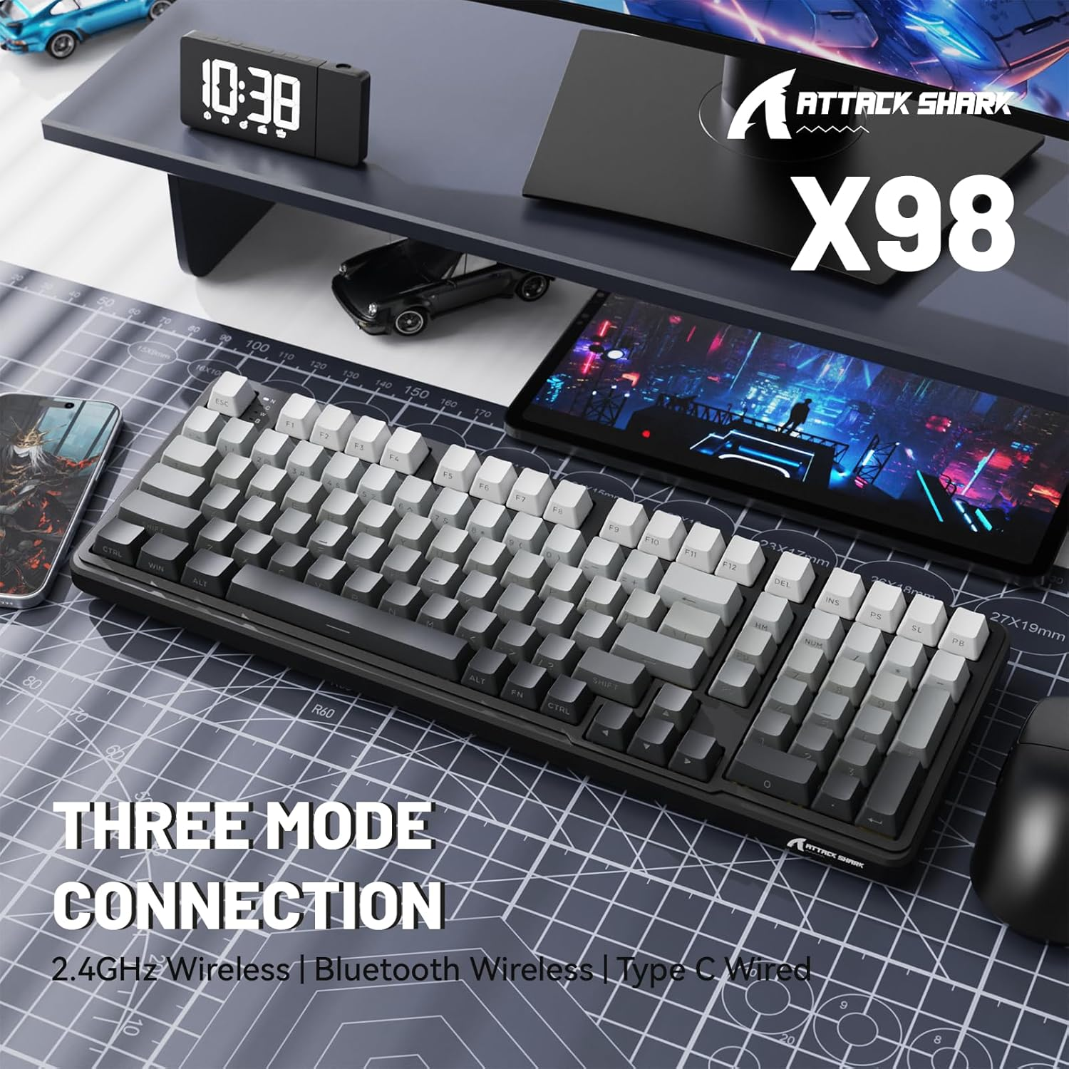 ATTACK SHARK X98 Wireless Mechanical Keyboard with Numpad,Gasket Mount Hot-Swap Pre-Lubed Linear Switch,Bt 5.0/2.4G/Wired,Rgb Backlit Computer Gaming Keyboards for Pc/Tablet/Ps5/Xbox-Moonlight image number 4