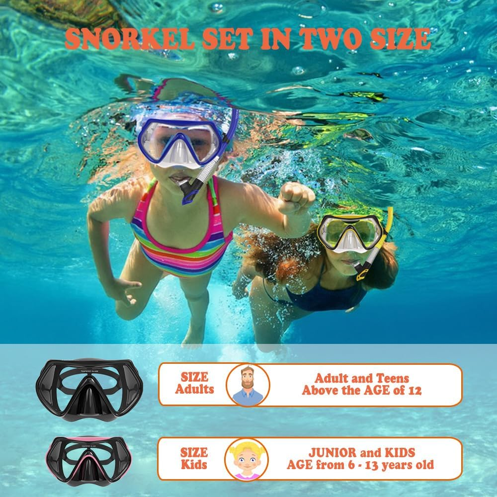 WACOOL Professional Adults Teens Kids Snorkeling Snorkel Diving Scuba Package Set with Anti-Fog Coated Glass Purge Valve and Anti-Splash Silicon Mouth Piece for Men Women image number 3