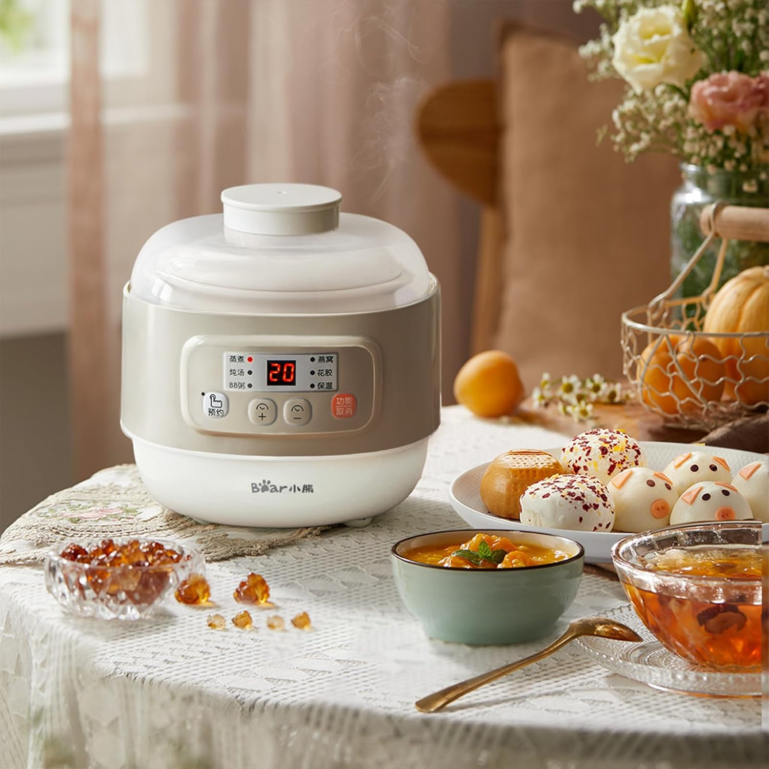 Electric Stew Pot, 0.8L Mini Ceramic Slow Cookers, 6 Smart Menus, 9.5H Appointment & Keep Warm, for Household Stew Pot, Soup, Baby Porridge, Desserts (Almond, AU Adapter) image number 2