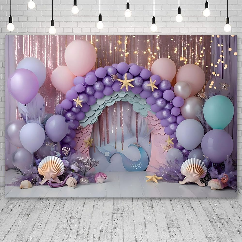 AIBIIN 7X5Ft Purple Balloons for Girls Birthday Ocean Shells Princess Cake Smash Party Banner Portrait Photo Props image number 4