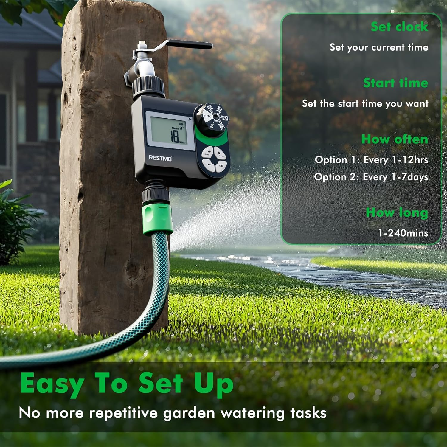 RESTMO Tap Timer, Irrigation Hose Timer with Rain Delay/Manual/Automatic Watering System, Water Timer for Outdoor Faucet, Garden Sprinkler, Yard and Lawn image number 5