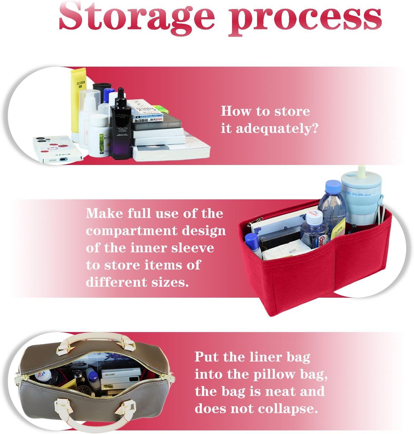 Lckaey Purse Inserts ​For Lv Speedy 25 Organizer Insert, for Monogram Bag, Handbag Protective Insert ​Tote Bag and Hand Bag Protector, Organizer Insert 1083Red-M 9X5.5X5.5In image number 3