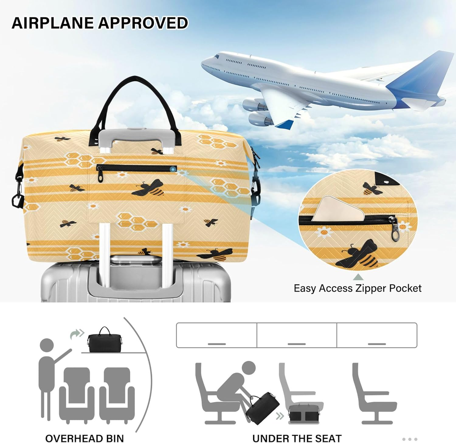 Caihoyu Large Bag Workout Bag Travel Weekender Gear Bag with Adjustable Strap for Trekking Waterproof Bees Honeycombs and Sunflowers, Multi, One Size, Multi, One Size, Modern/Fitted image number 5