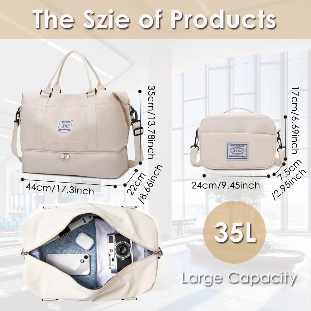 Travel Duffel Bags,Weekender Bags for Women&Men with Shoe Compartment,Large Capacity Travel Overnight Bags with Toiletry Bag,Carry on Bag for Travel, Gym,Hospital,Weekend(Beige) image number 3