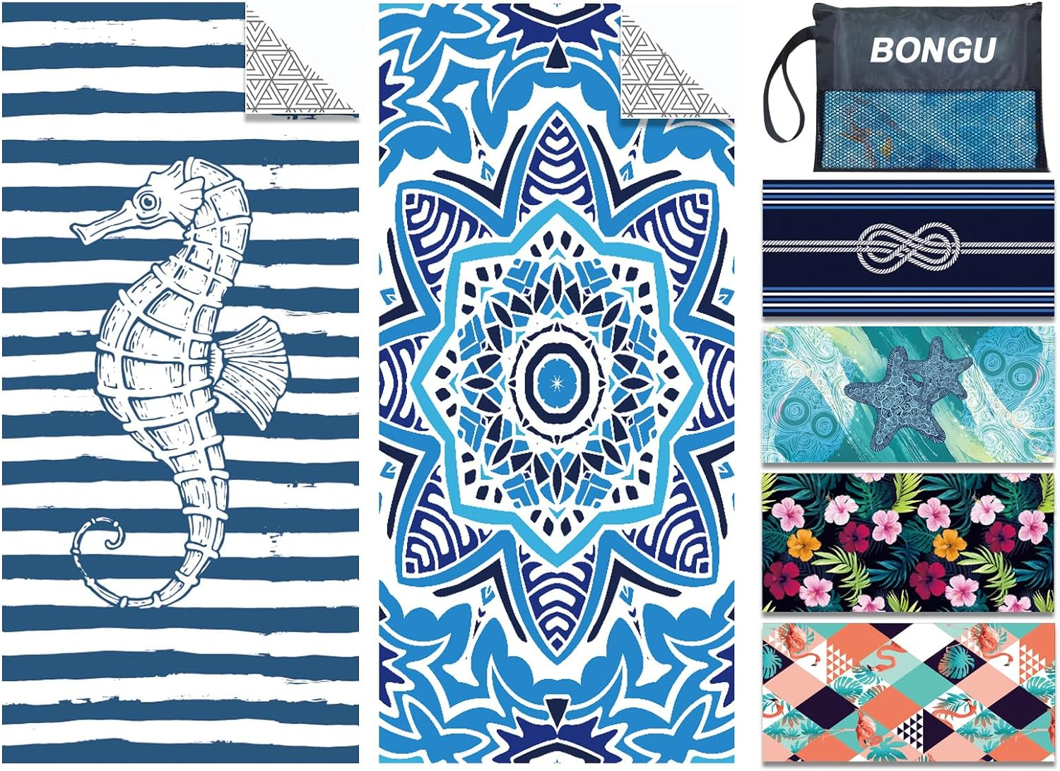 Bongu Beach Towel Sand Free 180X90Cm 2 Pack with Travel Bag, Quick Dry Pool Towels Oversized Travel Towel Lightweight for Beach Party, Pool,Baths Large Towels (Starfish & Flowers)