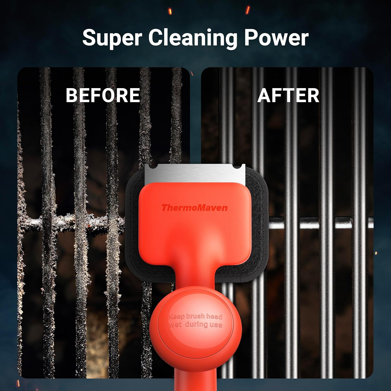 Thermomaven BBQ Grill Brush Bristle Free - 17" Safe Steam Grill Cleaner Brush with Scraper and 3 Brush Heads for Porcelain/Gas/Charcoal Grill Outdoor Grill Barbecue Cleaner