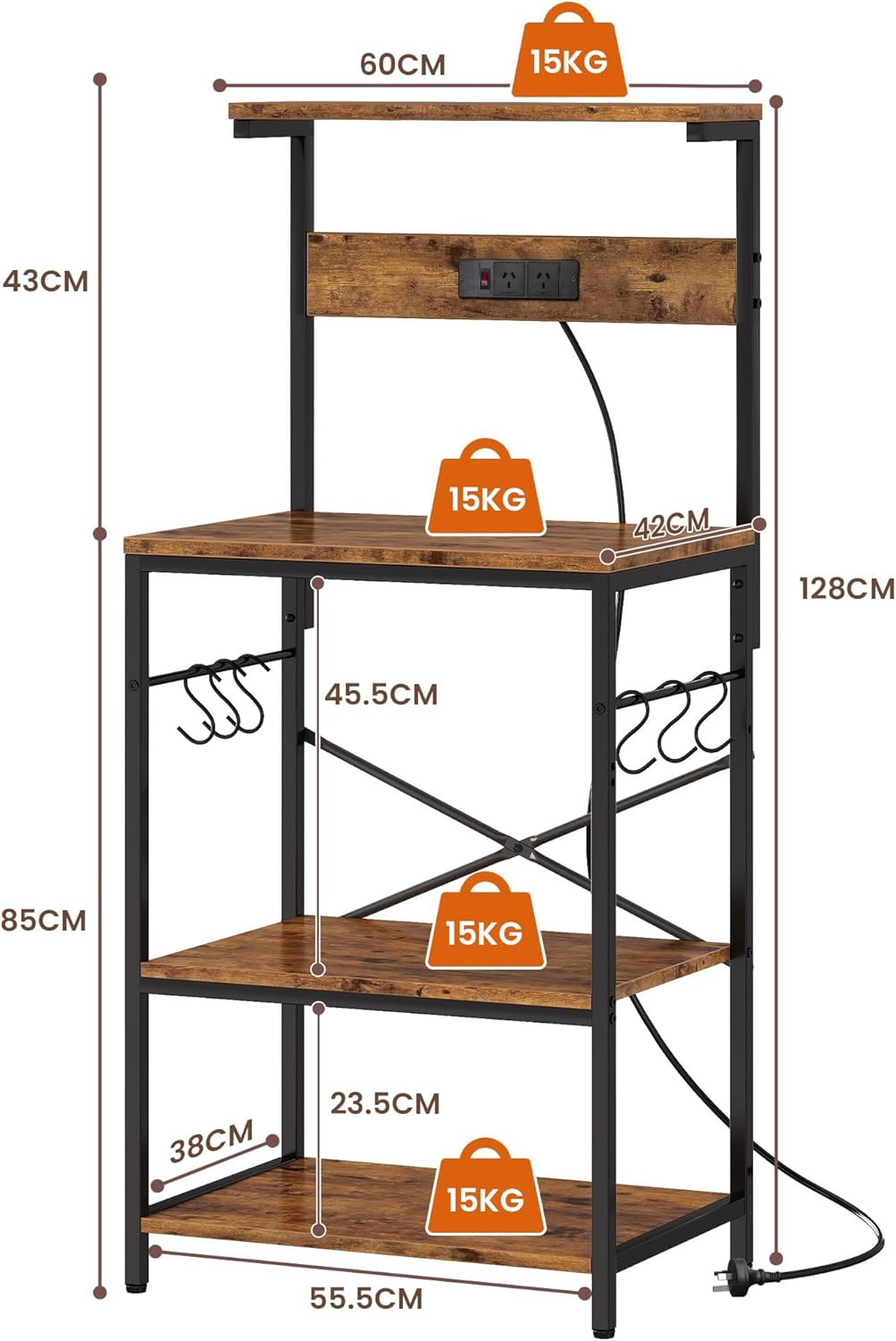 Kisfam Bakers Rack with Storage & Power Outlet - 4-Tier Kitchen Shelf with 6 Hooks, Microwave Stand & Coffee Bar Organizer, Rustic Brown Steel & Wood Storage Shelf image number 6