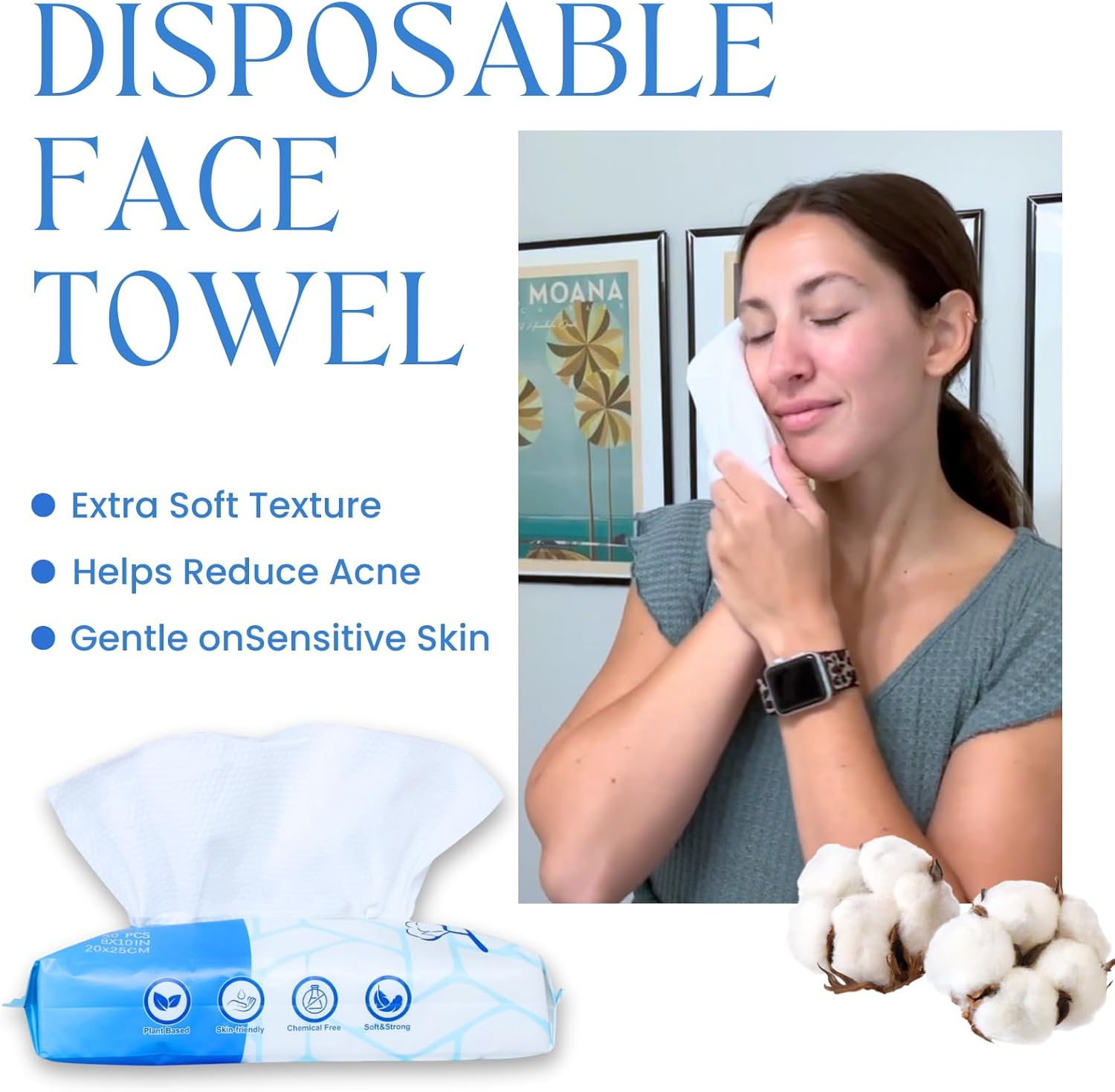 Disposable Face Towel, VIETDAI Large and Soft Clean Facial Towels for Sensitive Skin, Cotton Face Towelette Disposable for Facial Cleansing, Makeup Removing, Nursing, Travel - 50 Count image number 5