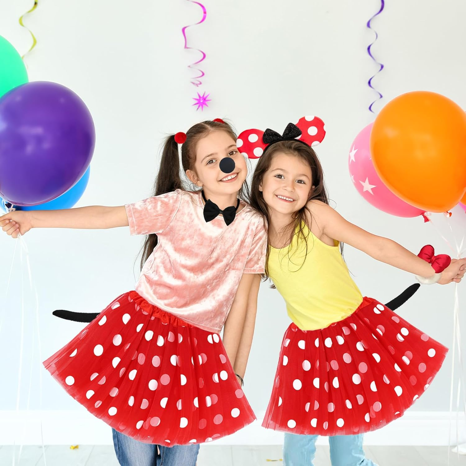 Mouse Costume Children, 7-Piece Girls' Mini Mouse Costume, Red Pink Tutu + Mouse Ears + Nose + Bow Tie + Tail + Gloves + Hair Ties, Children'S Costumes Girls Carnival Costume Children image number 5