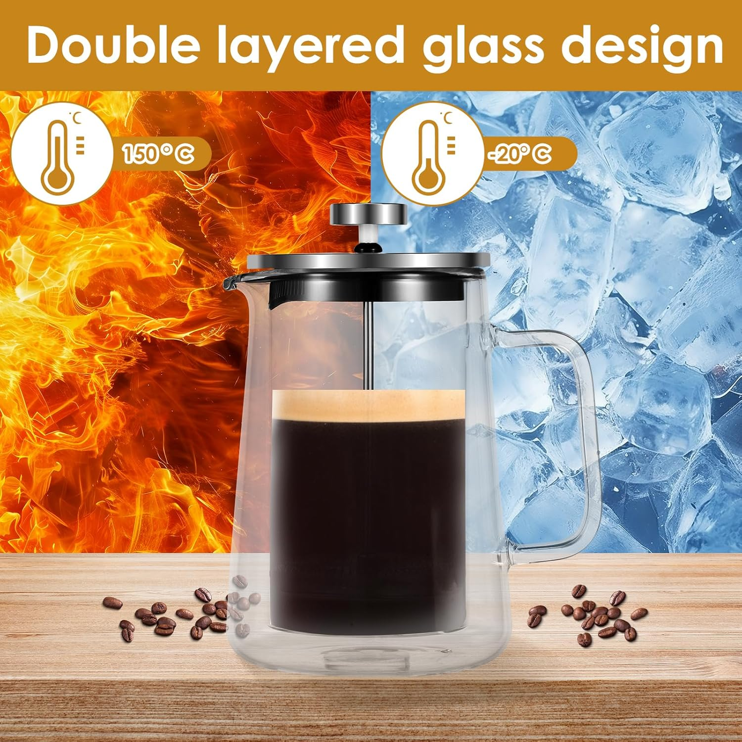 ZLHETWT French Press Coffee Maker, 650Ml, Clear Glass, Double Wall, Easy to Clean, Coffee, Tea, Espresso, Cold Brew, Latte, Cappuccino - 1000Ml image number 4