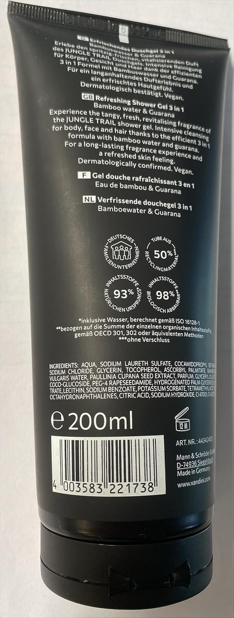 VANDINI MEN JUNGLE TRAIL 3-In-1 Shower Gel for Men, 200 Ml with Bamboo Water & Guarana, 3-In-1 Men'S Shower Gel for All Skin Types, Vegan, Parabens & Silicones, Made in Germany image number 1
