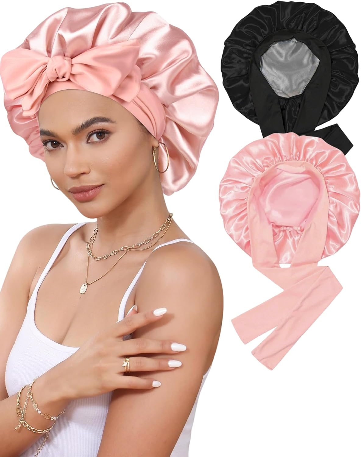 HAYAHARU 2 Pcs Silk Bonnet for Sleeping, Women Satin Bonnet, Silk Sleep Cap Double Layer Hair Hat with Tie Band, Elastic Wide Band Sleep Cap for Natural Curly Braids Hair - Khaki/Navy Blue image number 6