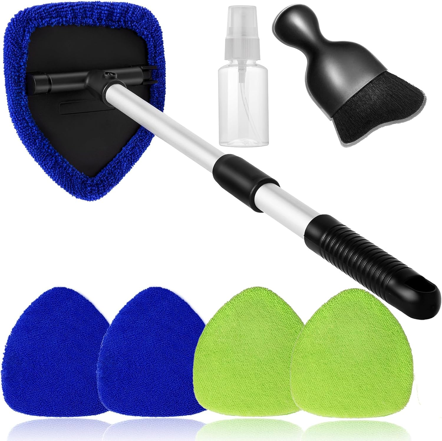 7Pcs Windshield Cleaner Tool Car Window Cleaning Wash Kit with 4 Reusable Microfiber Pads 1 Spray Bottle and Extendable Handle Auto Glass Wiper Kit, Blue
