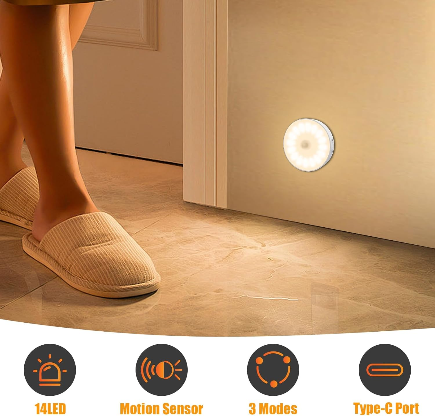 Electight 14 Leds Motion Sensor Light Indoor, 6 Pack Newest Night Light USB Rechargeable, 3 Light Modes & Long Last Battery, Cordless Magnetic Nightlight for Bedroom, Closet, Hallway (Warm White) image number 4
