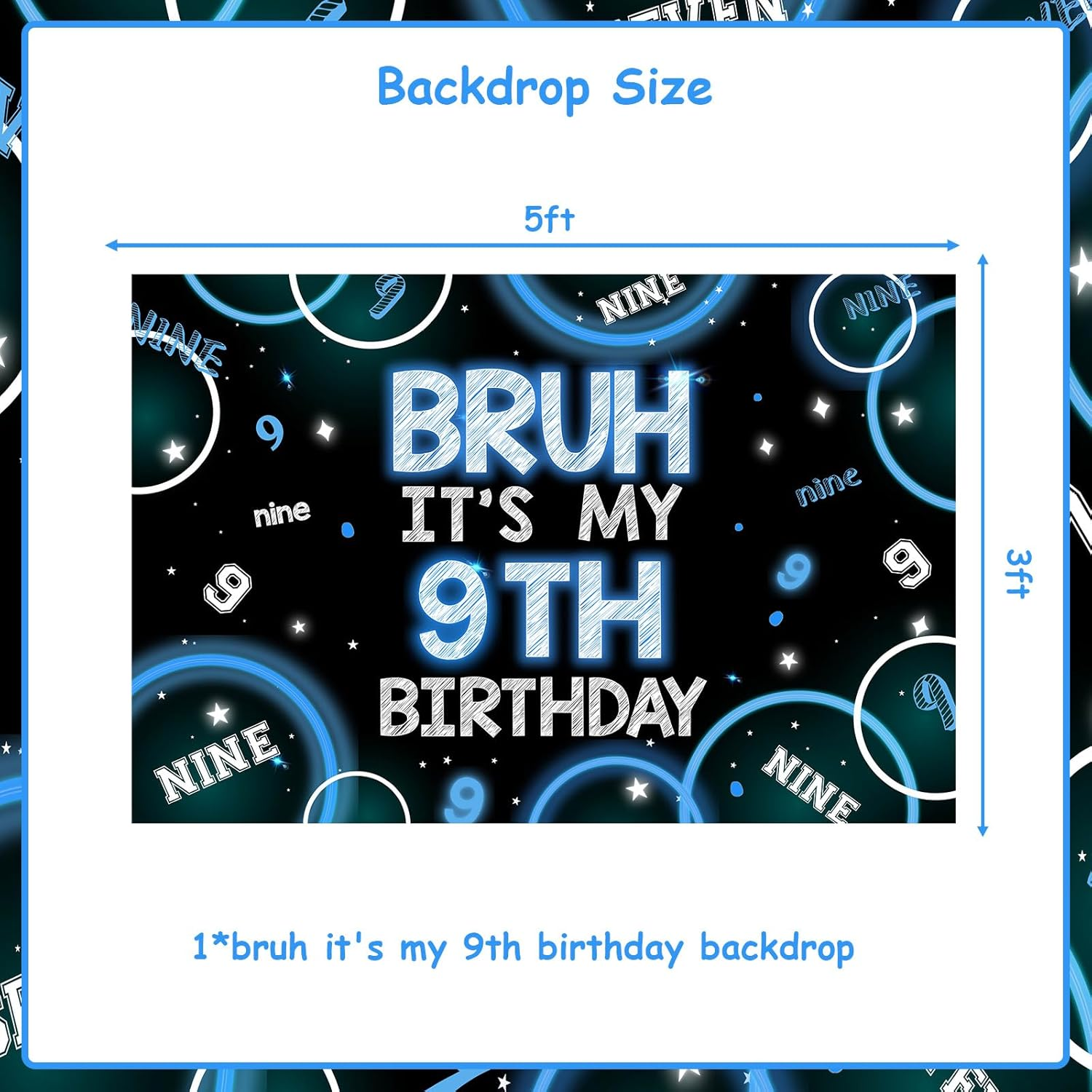 Wonmelody Bruh It&rsquo;S My 9Th Birthday Decor 4.92*3.28Ft Bruh It&rsquo;S My 9Th Birthday Backdrop Banner Blue Black 9Th Birthday Decor for Boy Happy 9Th Birthday Party Supplies Cheers to Nine Years Old Decor