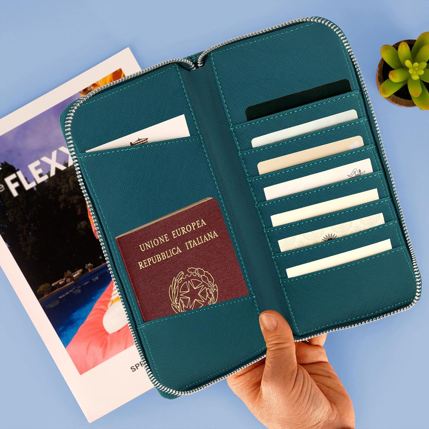 Legami - Petroleum Blue Travel Document Bag Passport Organizer RFID Blocking 4 Large Pockets 7 Small Pockets Zipper 11 X 24 X 3 Cm Blue L Casual, Blue, L, Casual image number 3