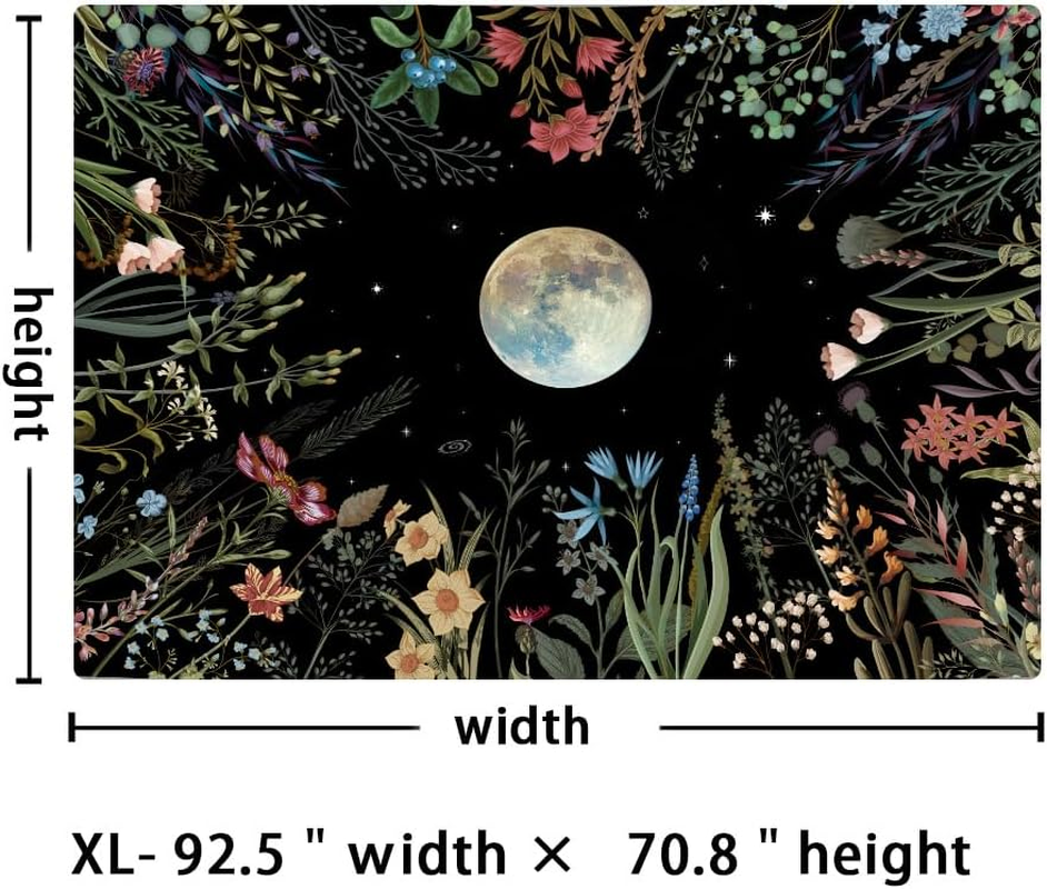 Moonlit Garden Tapestry Boho Moon Tapestry Floral Flower Tapestries Colorful Plants Tapestries Black Wall Hanging Decor for Home image number 3