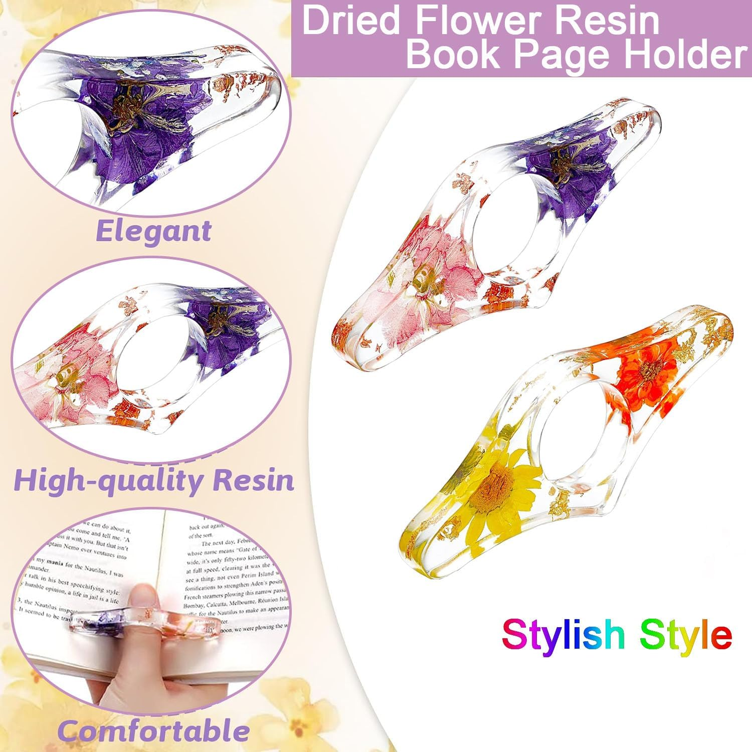 WADY 2 Pieces Dried Flower Resin Book Page Holder Transparent Thumb Ring Handmade Personalized Flower Resin Bookmark Reading Accessories Gift for Teachers Book Lovers Literary (Fresh Style) image number 4