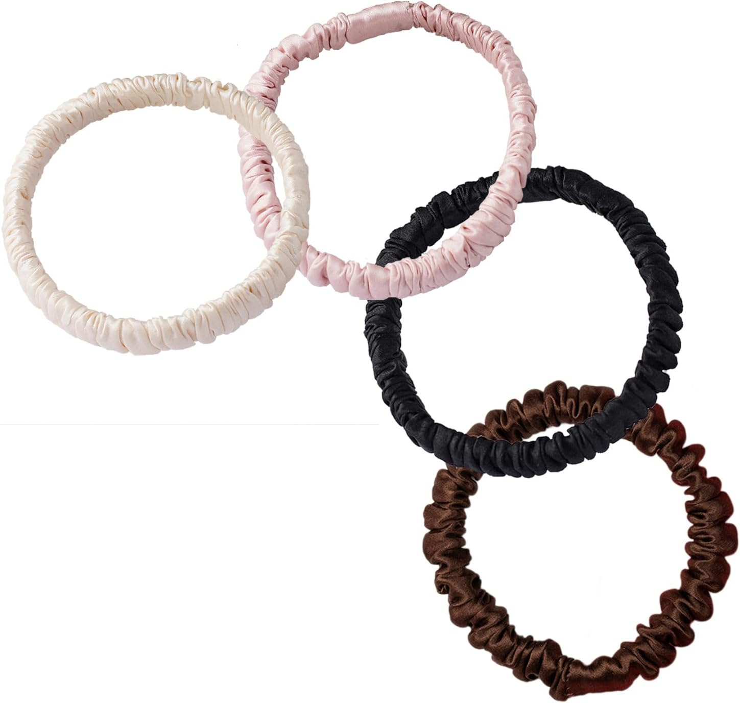 Silk Scrunchie, 100% Pure Mulberry Silk Scrunchie Small Slim Hair Tie for Women Silk Scrunchies for Thin Thick Curly Hair Luxurious Elastic Scrunchies Set (4 Scrunchies, 2Black+1Coffee+1Beige)
