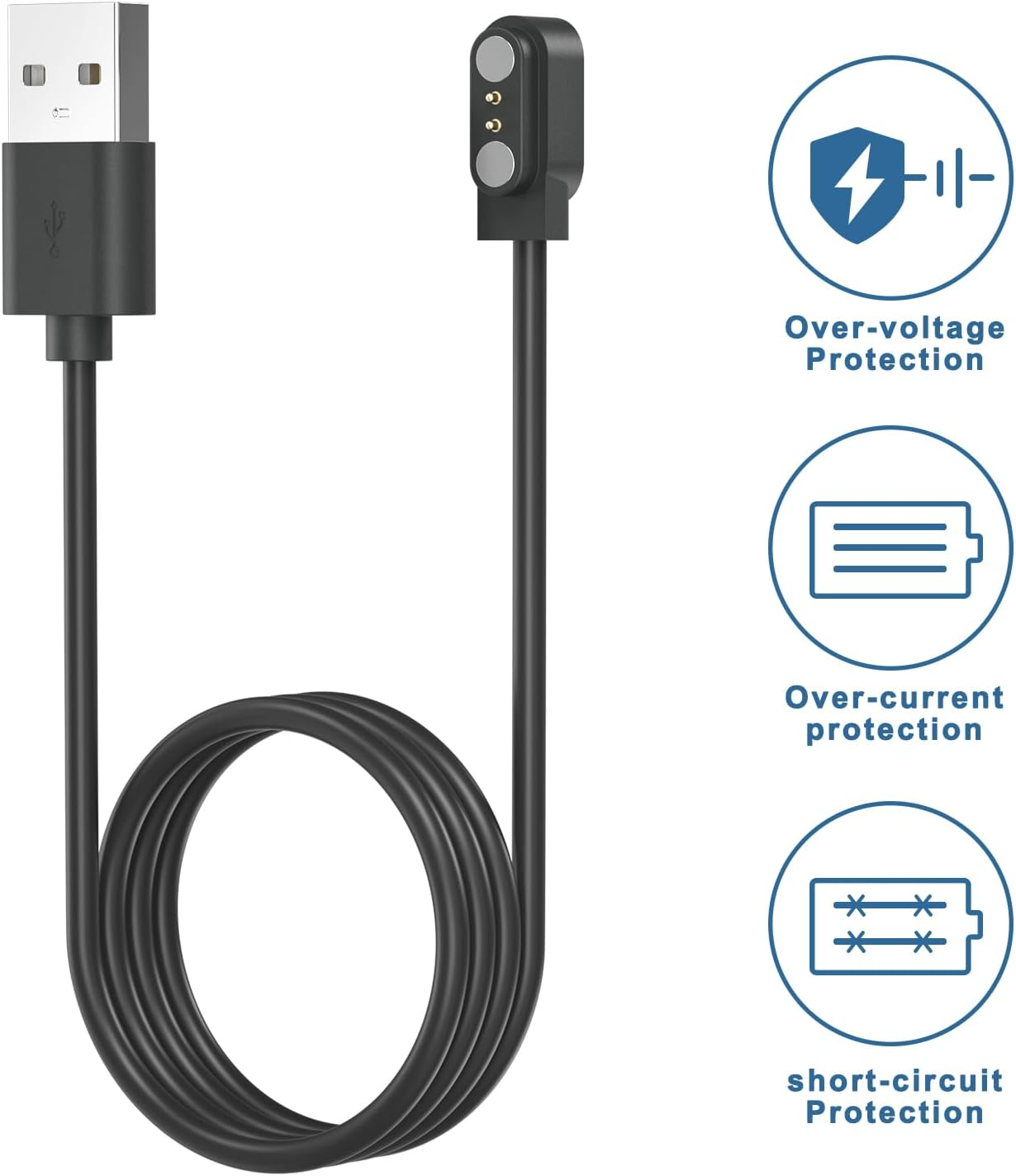 2 Pack 2 Pin Magnetic Charger for Smart Watch, 1M USB Cable for Yamay SW023, Wiliful SW021, Letsfit ID205, Vigorun ID216, Umidigi Uwatch 2/2S/3/3S/Urun/Urun S/Ufit/Haylou GST image number 2