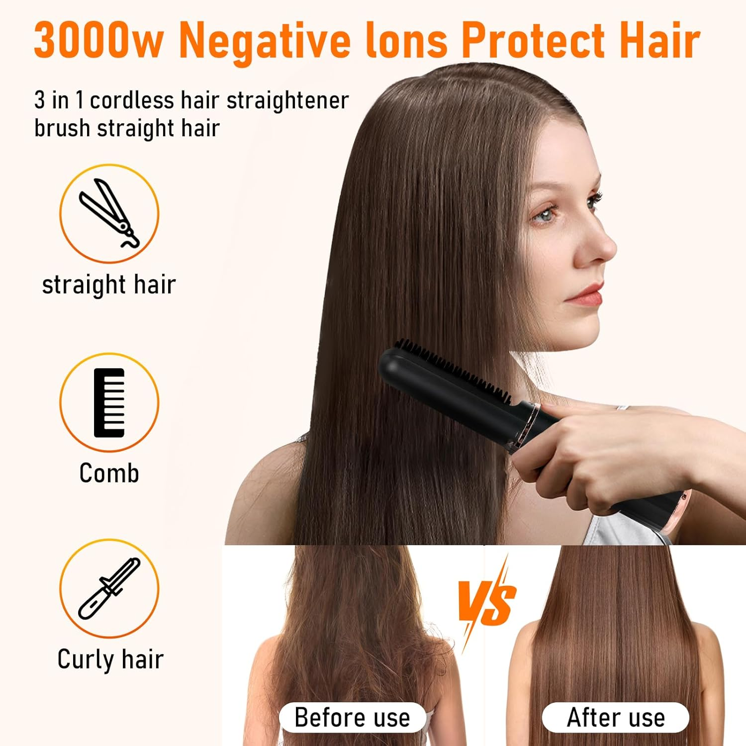 Cordless Hair Straightener Brush, Portable Hot Comb Hair Straightener Negative Ion Hair Straighteners Comb for Women 5 Temperature Beard Straightener Brush USB Rechargeable Anti-Scald Auto-Off - Black image number 2