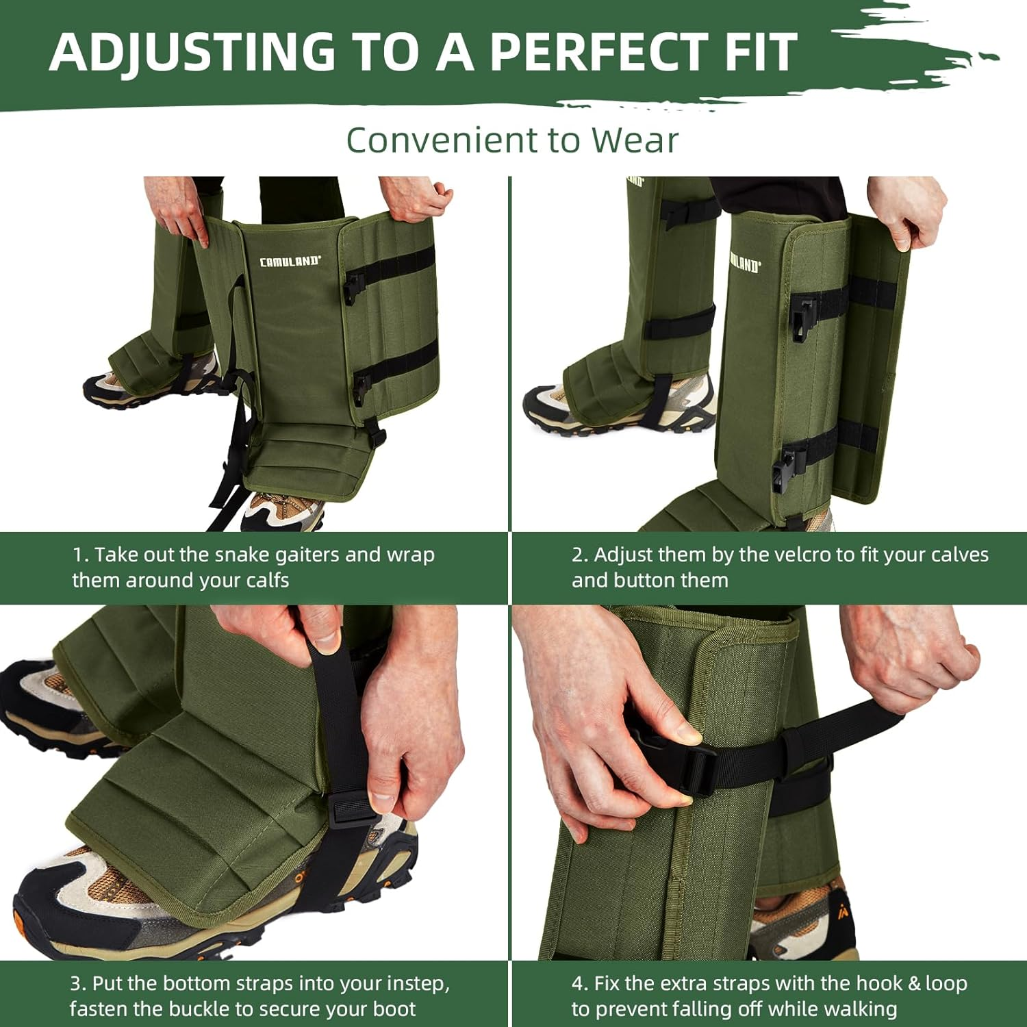 CAMULAND Snake Gaiters for Men & Women, Durable Waterproof Snake Guards for Lower Leg Protection, Adjustable Snake Bite Proof Gaiters for Hunting, Hiking, and Farm Work (Green)
