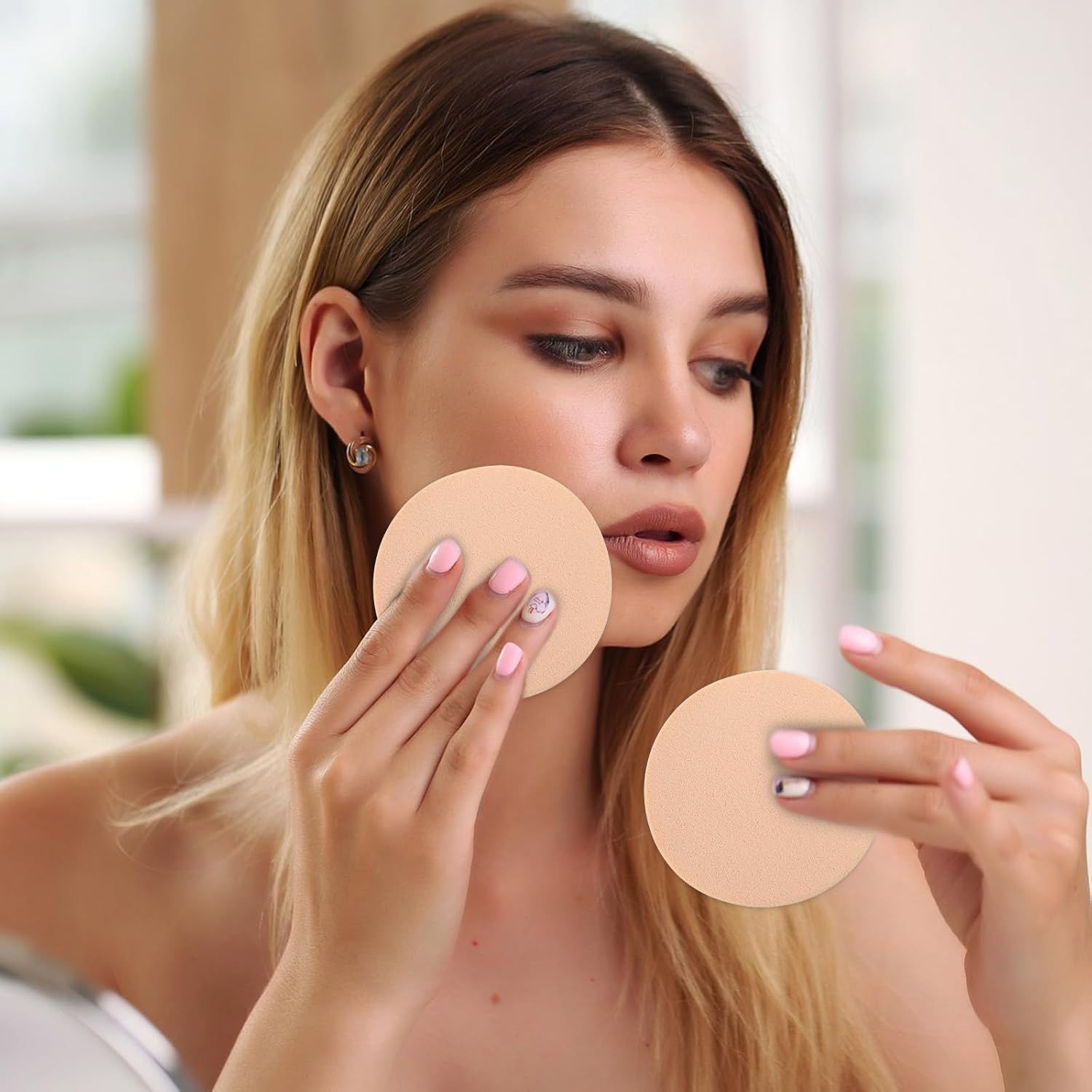 5 PCS Nude round Makeup Sponge, Flat Makeup Sponges for Foundation, Smooth Cosmetic Foundation Sponge, Beauty Powders Puff for Women Lady Professional Makeup image number 5