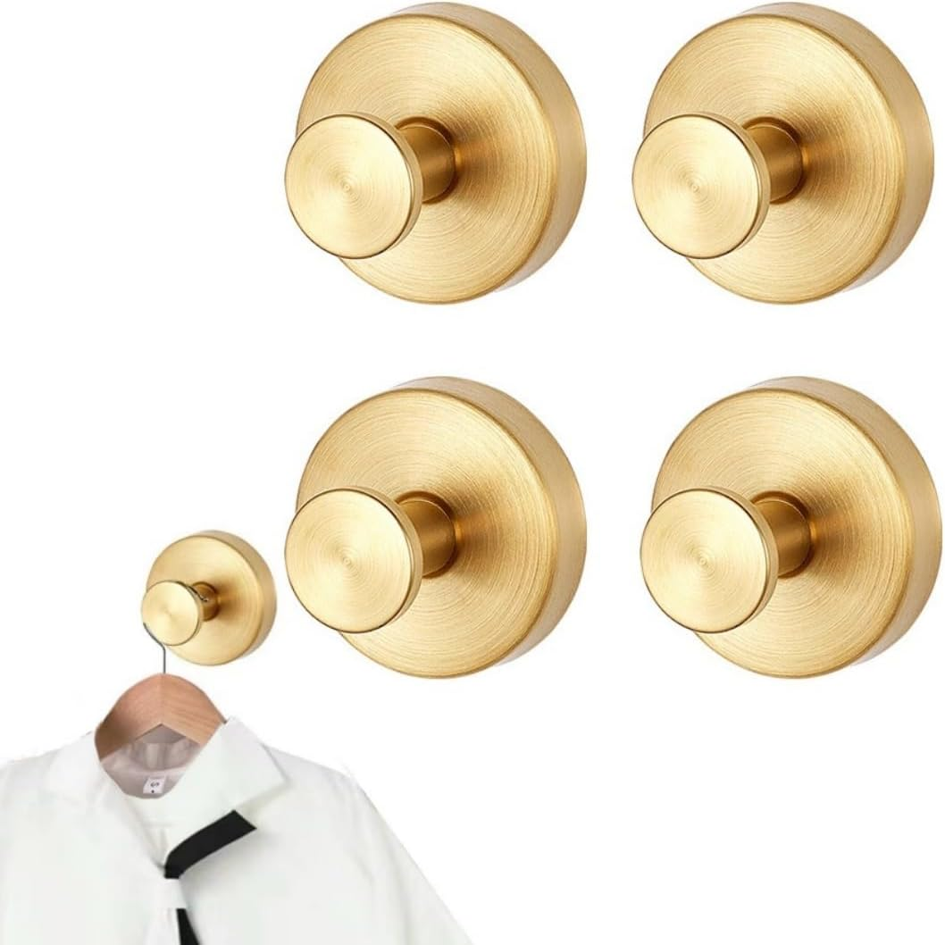 4Pcs No-Drill Hooks - Luxegrip No-Drill Hooks,Wall Hanging Clothes Hook, Single Hook, Bathroom Towel, Clothes, Stainless Steel Hanging Clothes, Hat Hook, Metal Hanging Hook (Gold)