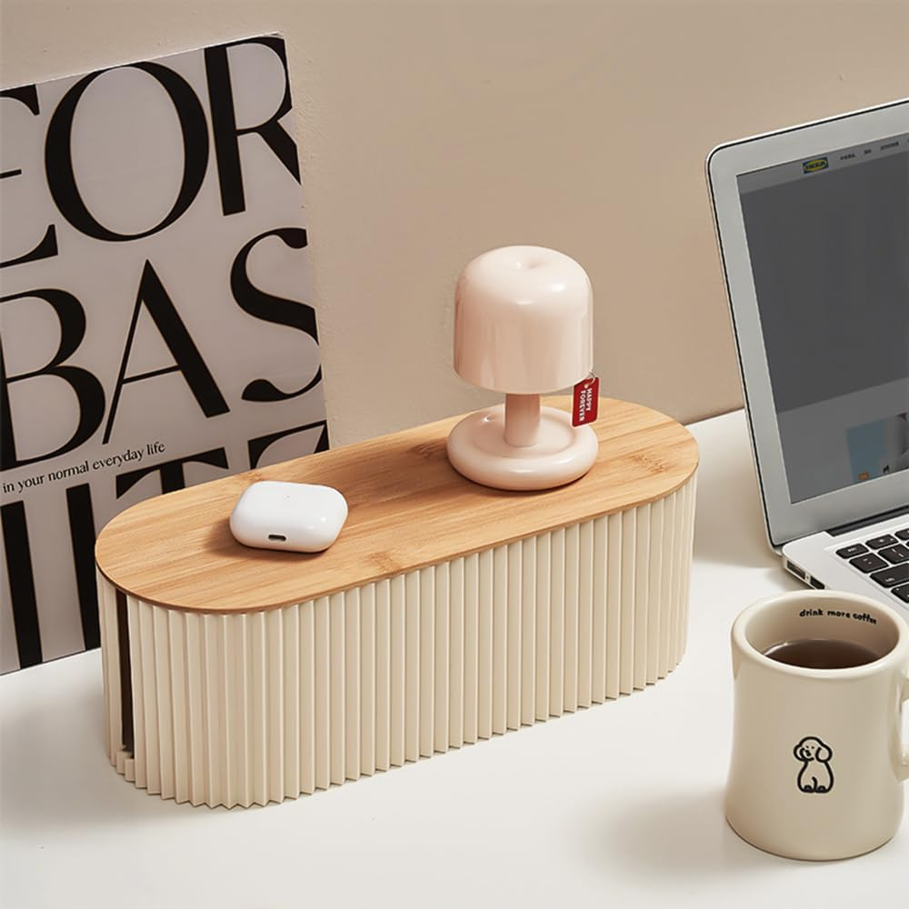 Baskiss Cable Management Box with Solid Bamboo Lid, 32X13X11.2 Cm, Floor Outlet Hider, Wire Organizer for Desk TV Computer USB Hub System to Cover and Hide & Power Strips & Cords (Beige) - Beige image number 6