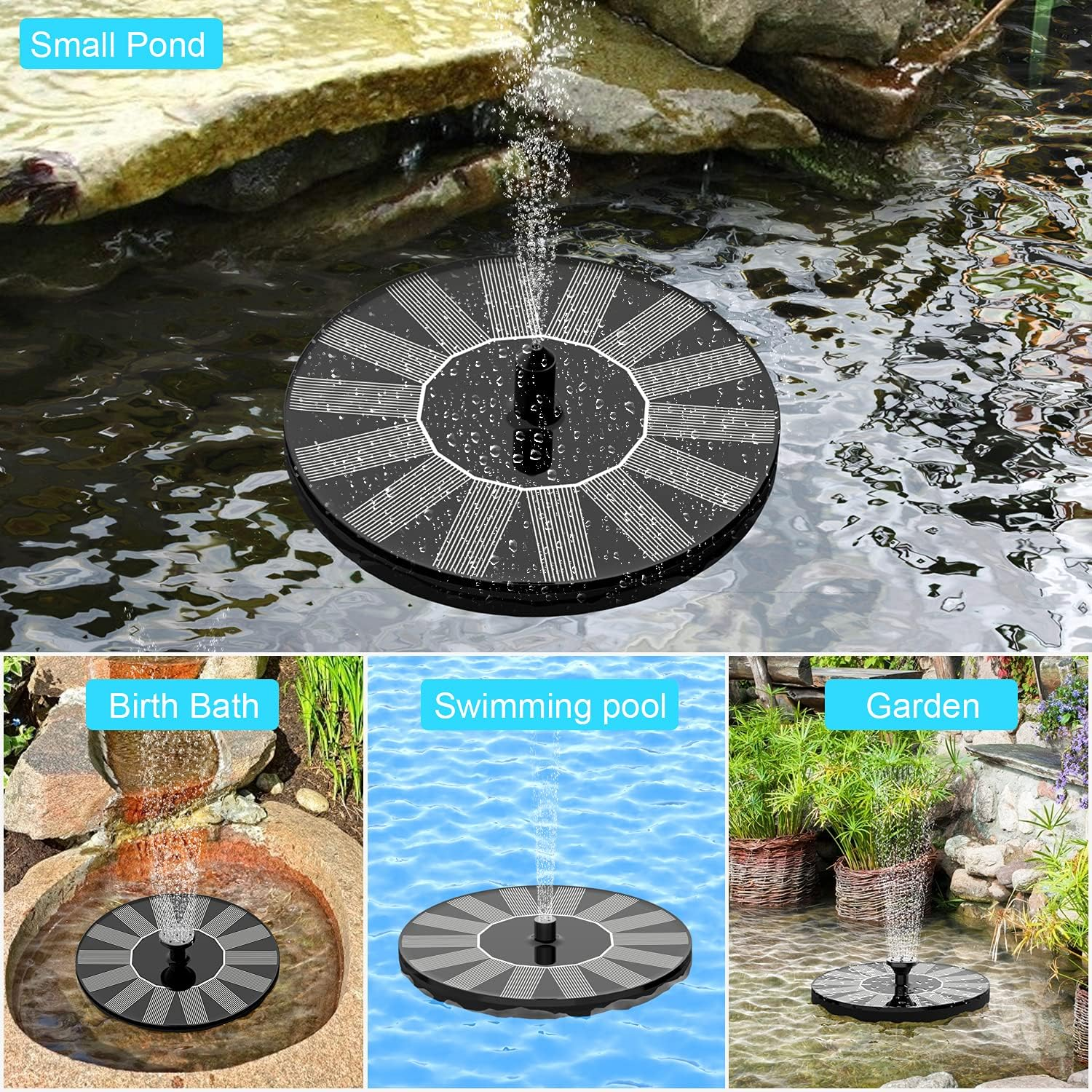 Solar Water Fountains,Solar Powered Bird Bath Fountain with 6 Nozzles - Free Standing Floating Solar Fountains for Bird Bath, Garden, Pond, Pool (Black-1W) image number 2