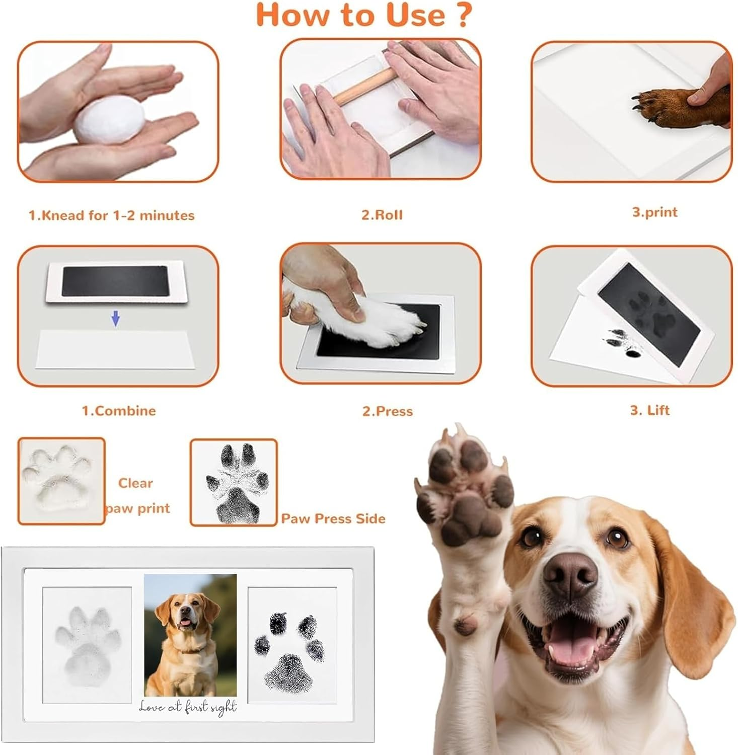 Paw Print Kit for Dogs, Pet Memorial, Kit with Wooden Pet Memorial Frame, Soft Pawprint Clay and Clean Touch Ink Pad, DIY Choice for Dog Cat Lovers (White) image number 3