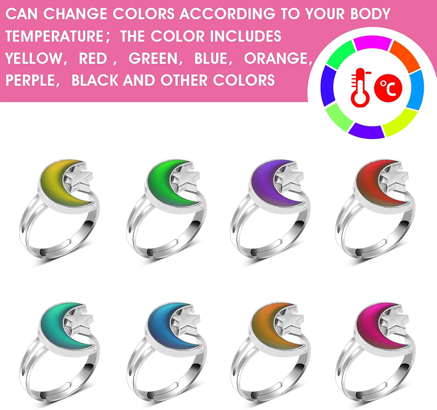 10 Pieces Mood Rings for Kids, Adjustable Mixed Color Change Ring Bulk for Girls Boys Women, Halloween Birthday Party Favors, Carnival Costume Accessories (Style 2) image number 4