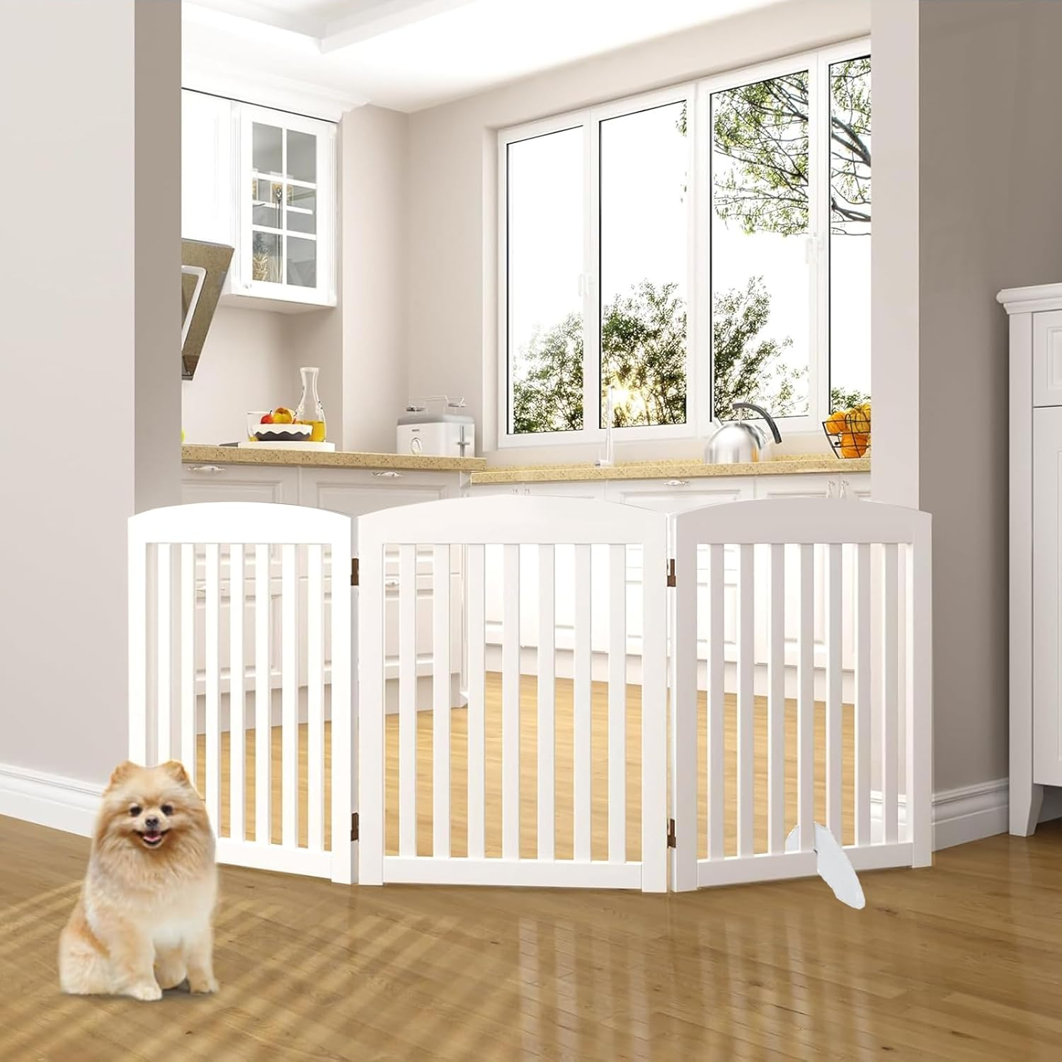 LIODUX Wooden Freestanding Pet Gate for Dogs, Foldable Wooden Dog Gates with 2PCS Support Feet, for Doorways Stairs, Indoor Pet Puppy Safety Fence, Extra Wide, 60CM High, 150 CM Wide (White,3 Panels) image number 3