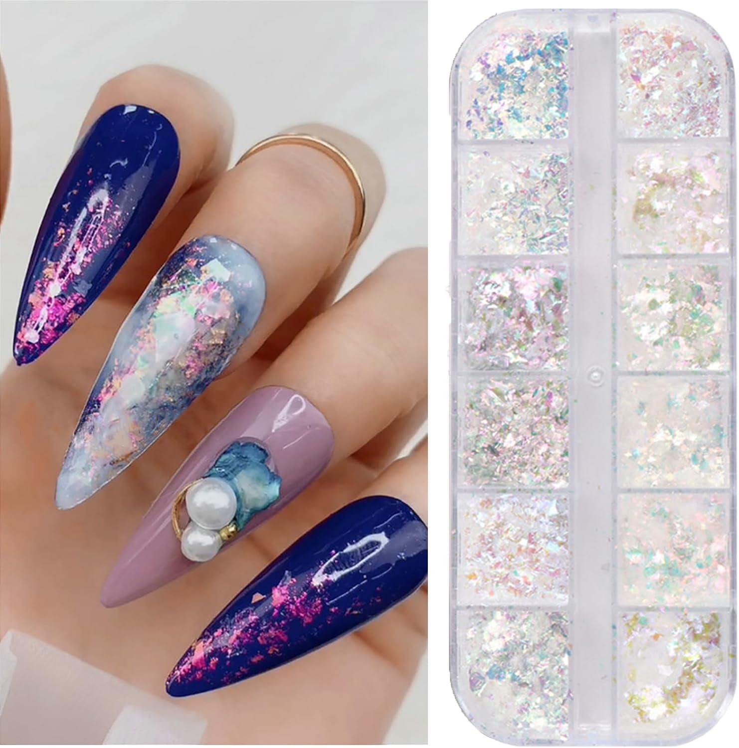 Holographic Nail Glitter,1Boxes 12Grids Nail Flakes Aurora Iridescent Irregular Paillettes,Mermaid Bright Colorful Ice Foil Nail Sequins for DIY Nail Art Decoration Shining Flakes image number 3