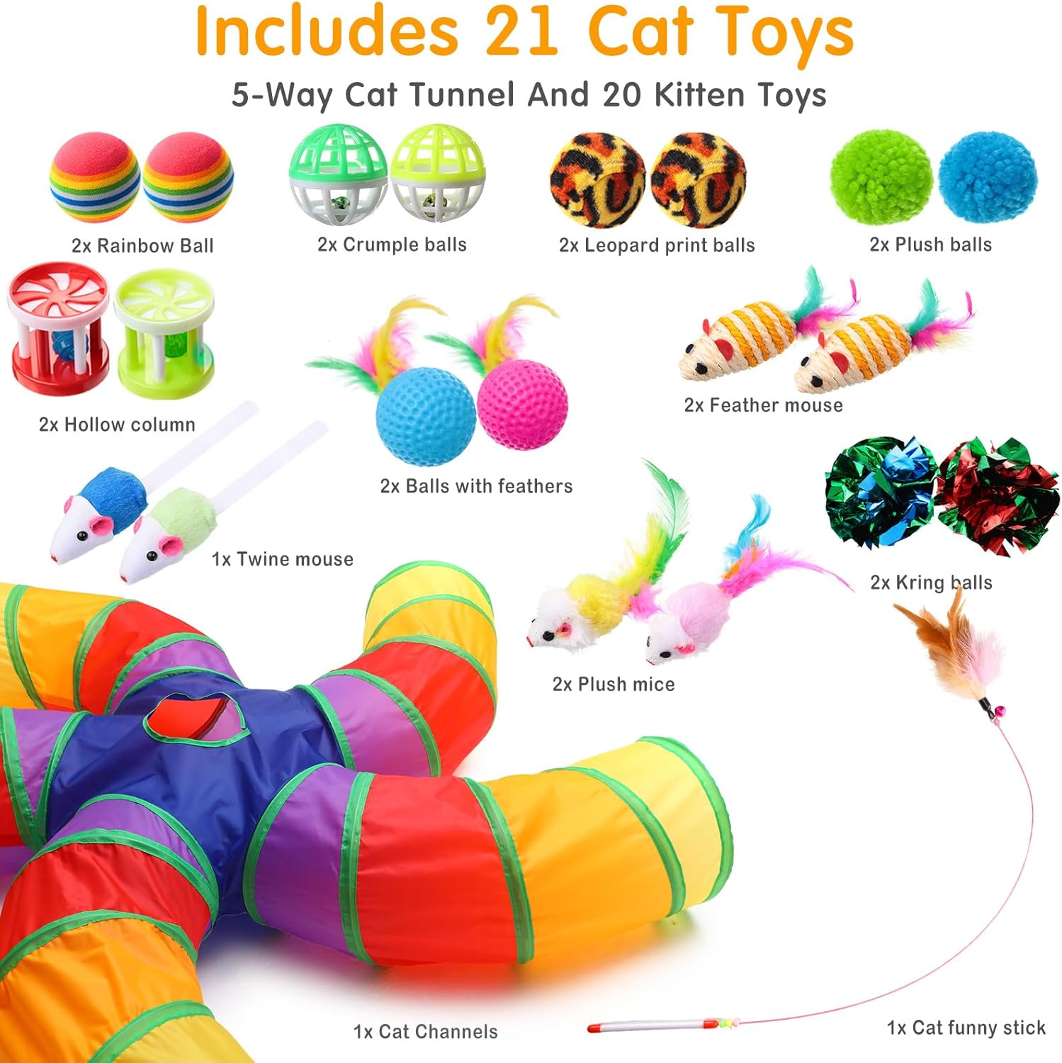 Poen 21 Pcs Cat Tunnel for Indoor Cats Set Collapsible 5 Way Cat Tubes with 20 Pcs Cat Toys Kitten Toys Interactive Cat Feather Toy Mouse Crinkle Balls Cat Tube for Puppy Kitten Rabbit(Colorful) - Colorful image number 4