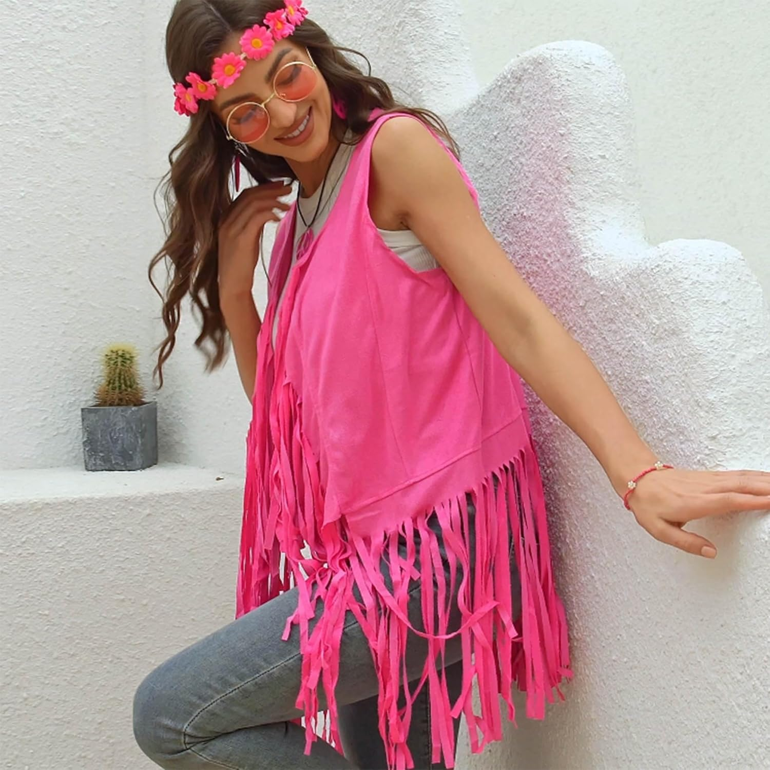 70S 80S Hippie Costume Women Fringe Vest Set Cowgirl Costume 70S Disco Outfit with Accessories, Earrings,Headband