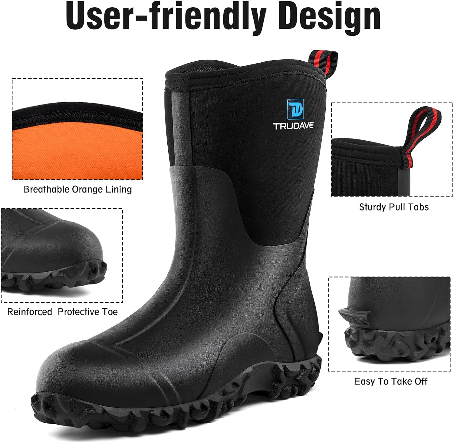 Trudave Rubber Boots for Women with Steel Shank, 6Mm Neoprene Mid Calf Rain Boots, Waterproof Insulated Mud Work Boots All Season, Size 5-11 image number 3