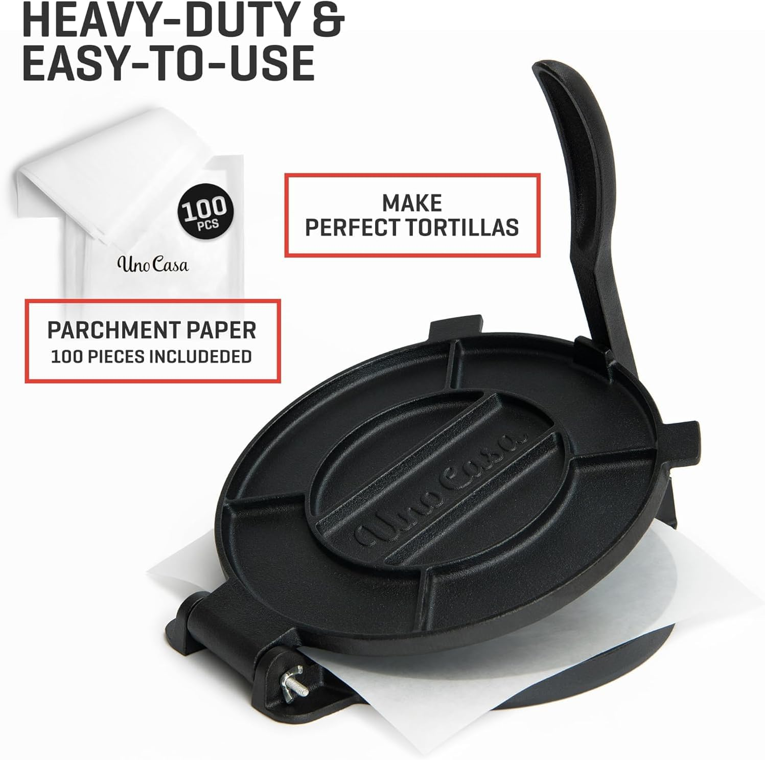 Uno Casa Cast Iron 10 Inch Tortilla Press - Roti and Tortilla Maker - Bonus 100 Pcs Parchment Paper - Pataconera for Flour Tortilla, Roti, Tawa or Dosa image number 2