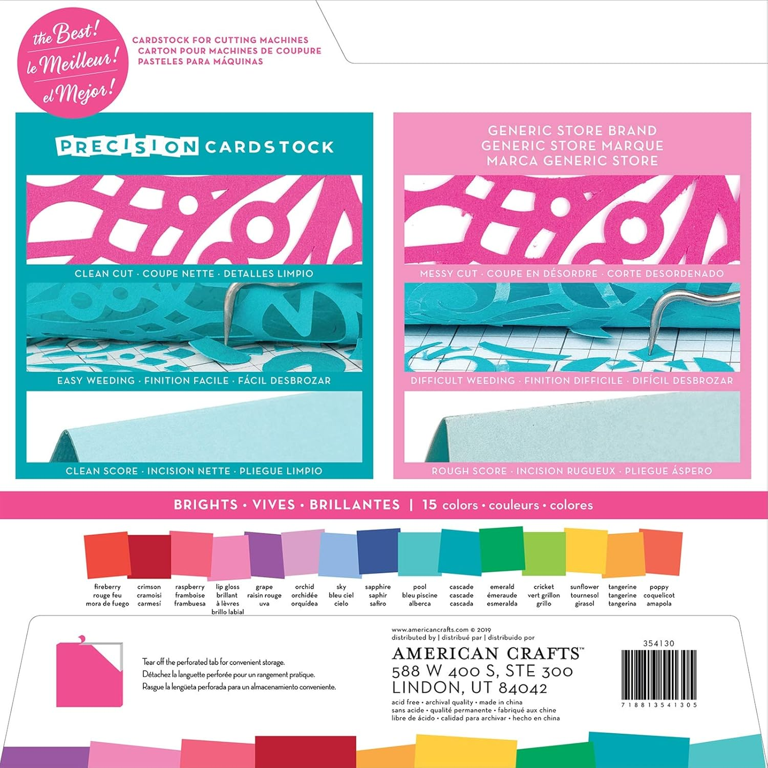 Precision Cardstock 12X12 Paper - Textured Craft Paper for Die Cutting, Card Making, Scrapbooks - 60 Heavy Duty Sheets, 15 Unique Colors, 80Lb (216Gsm), Solid Core - Brights