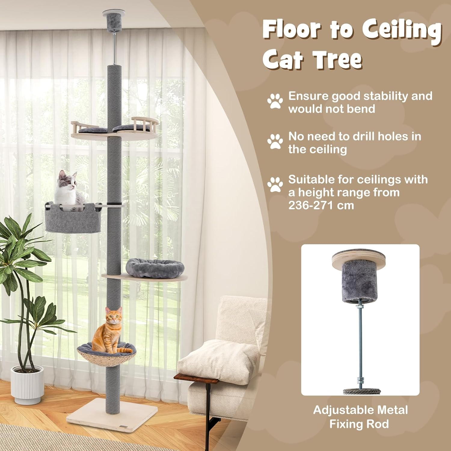 Costway Floor to Ceiling Cat Tree W/ 2.3-2.7M Adjustable Height, 5-Tier Wooden Cat Tower W/Cozy Hammock & Bed & Basket Bed, Scratching Post, Cat Climbing Furniture for Indoor Kittens & Adult Cats image number 1