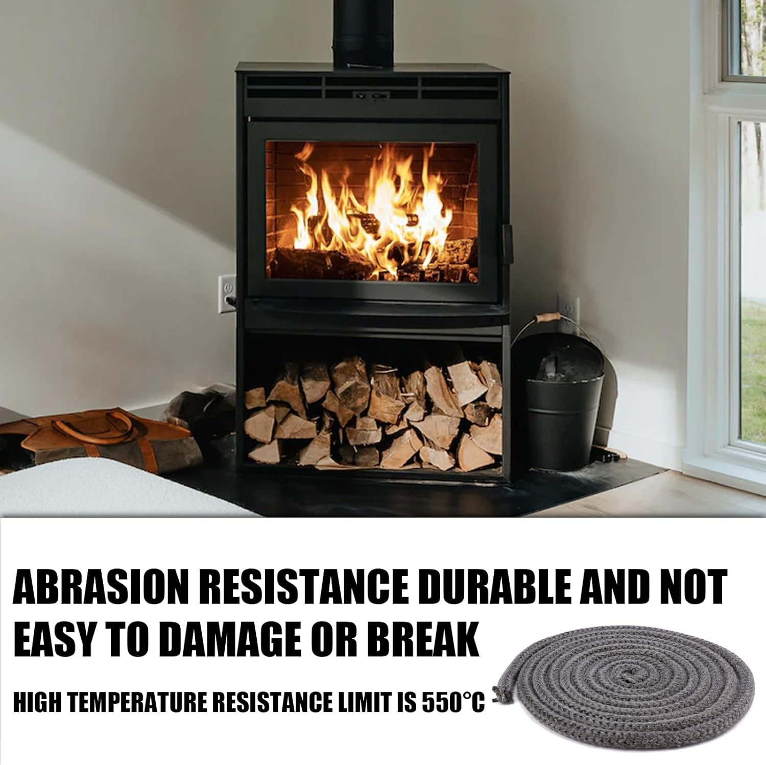 Fireplace Seal Rope, 0.39Inx13.12Ft Graphite Impregnated Fiberglass Rope Seal Gasket Replacement Wood Stove Door Gasket for Fireplaces Stoves Wood Burning image number 1