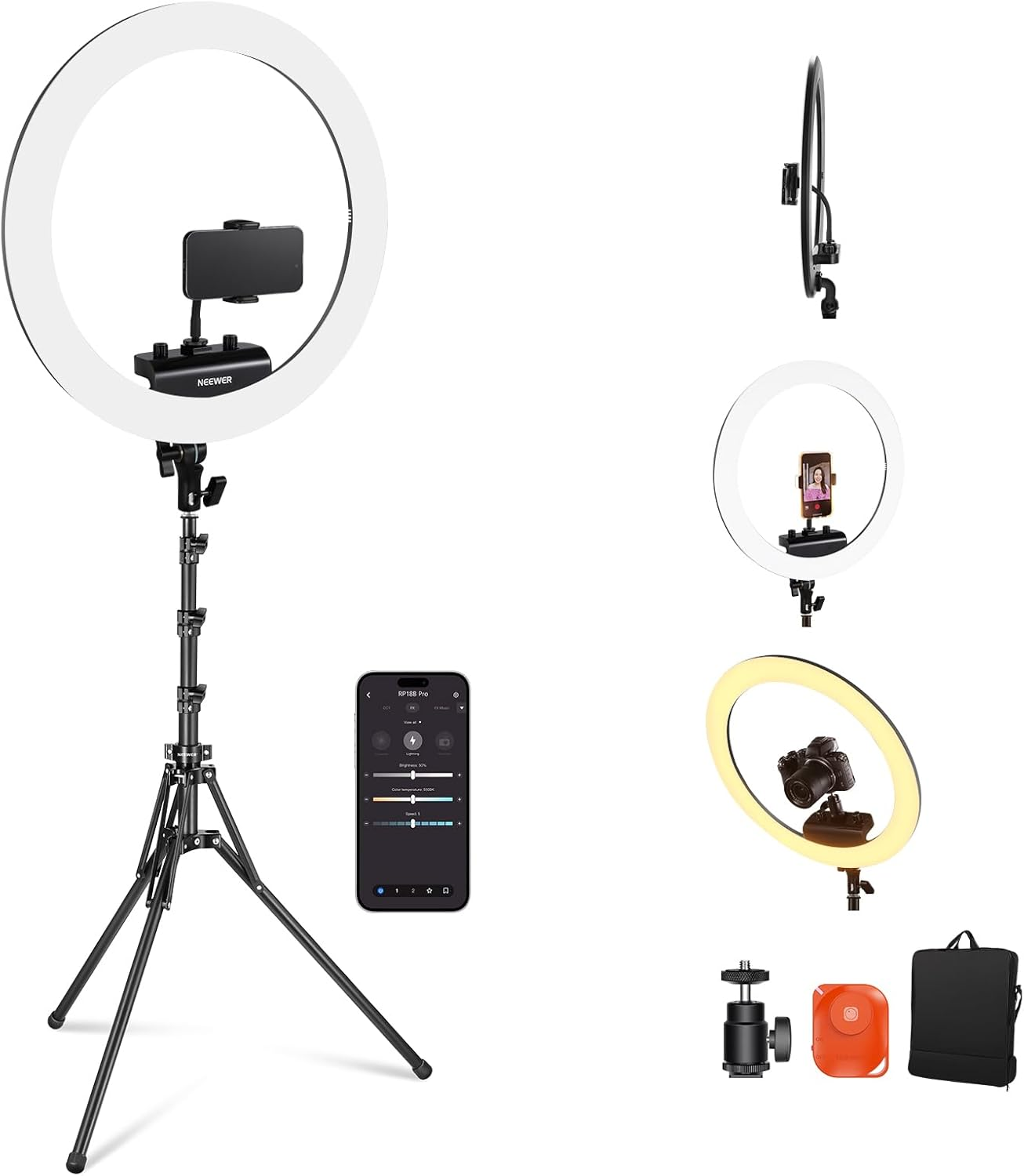 NEEWER Professional 18 Inch Ring Light with Tripod Stand Phone Holder Compatible with Iphone, 45W Remote Shutter App Control, Video Recording Makeup Selfie Studio Streaming Filming, RP18B Pro Black image number 1