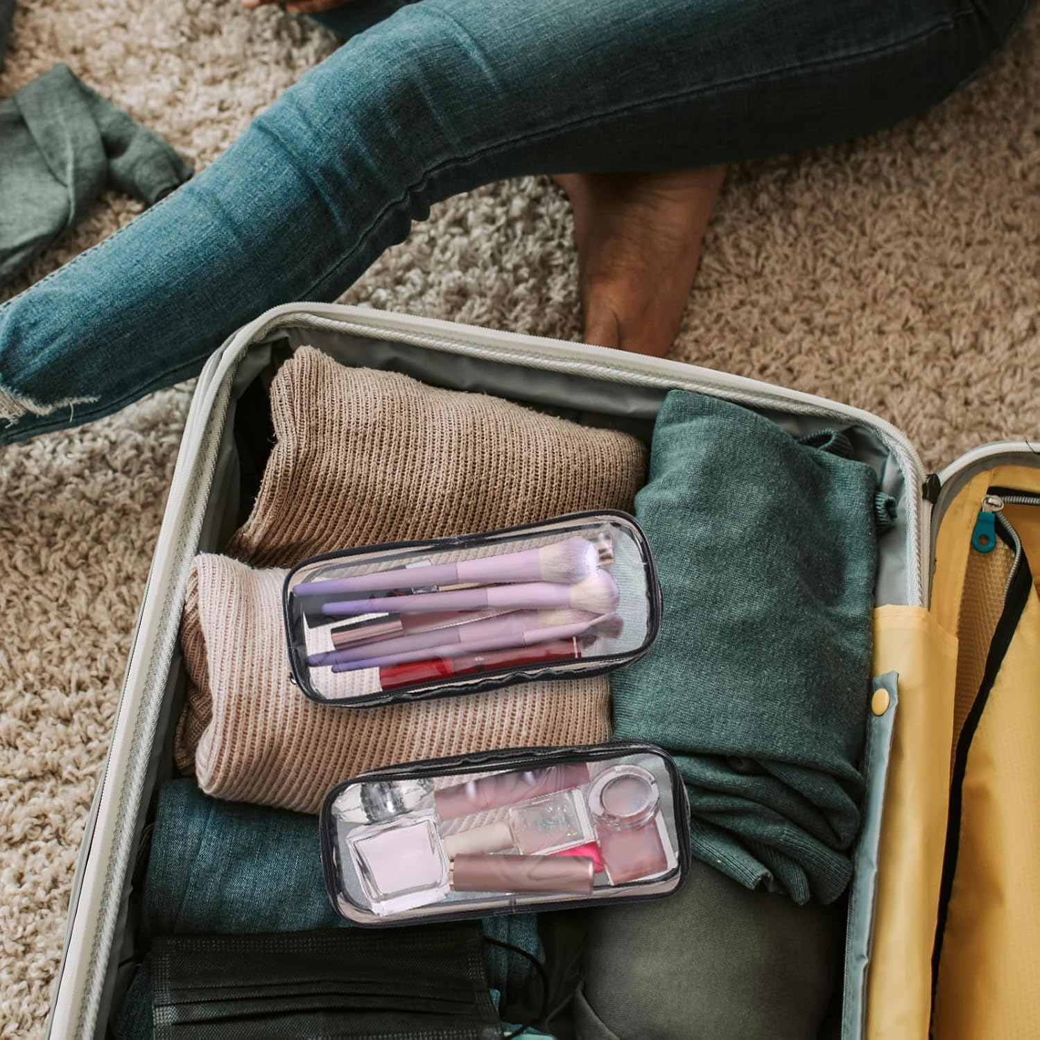 2 PCS Clear Makeup Bag, Clear Zipper Pouches, Clear Toiletry Bag, Clear PVC Zipper Pencil Bag Travel Makeup Organizer Cosmetic Bags for Women (Black White, 20.5 * 8.5 * 3.5) image number 4