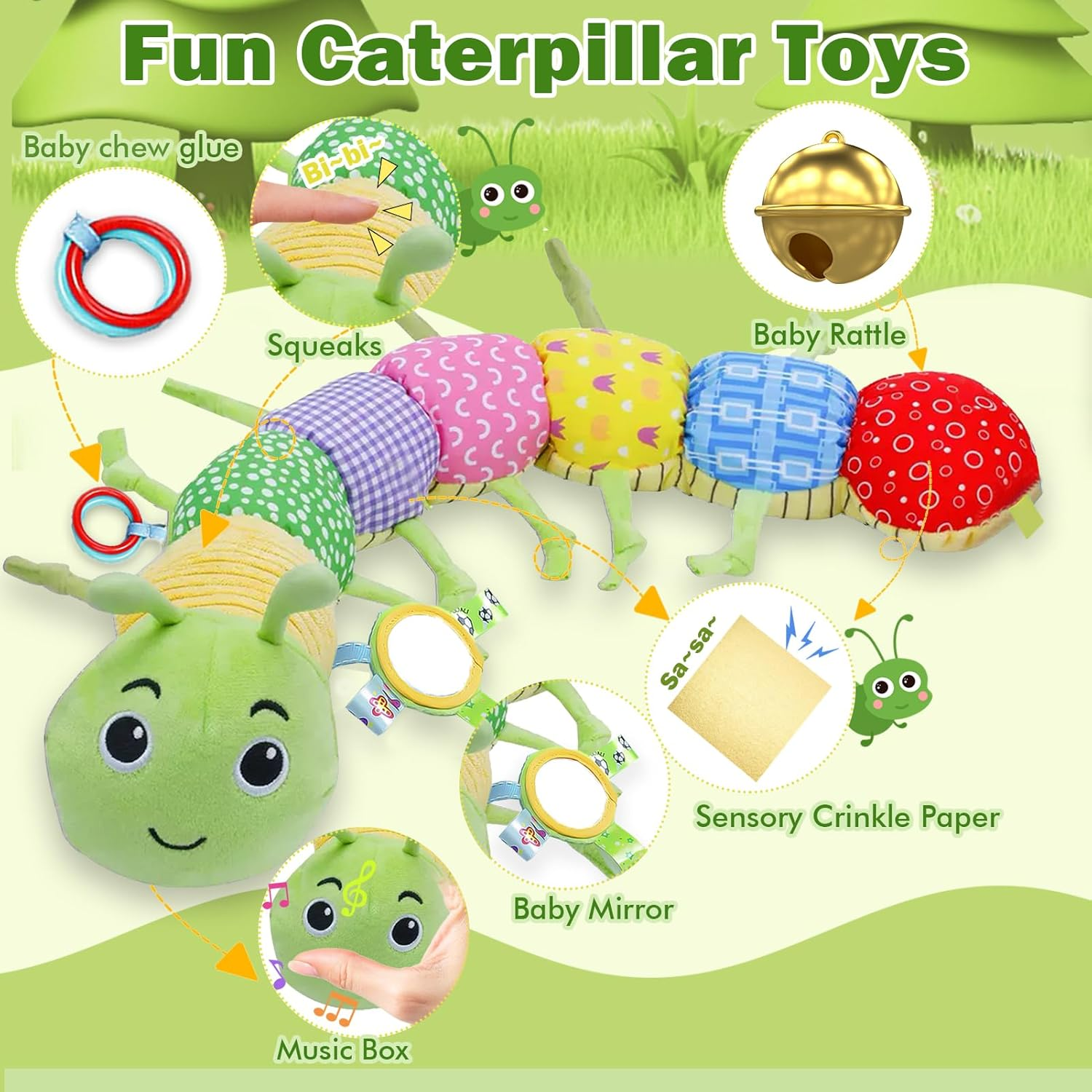 Baby Sensory Toy 0-6 Months Tummy Time Musical Stuffed Animal Caterpillar Toy with Baby Mirror Crinkle Rattle and Rattles for Infants 6-9-12 Months Newborn Girls Boys Baby Gift image number 4