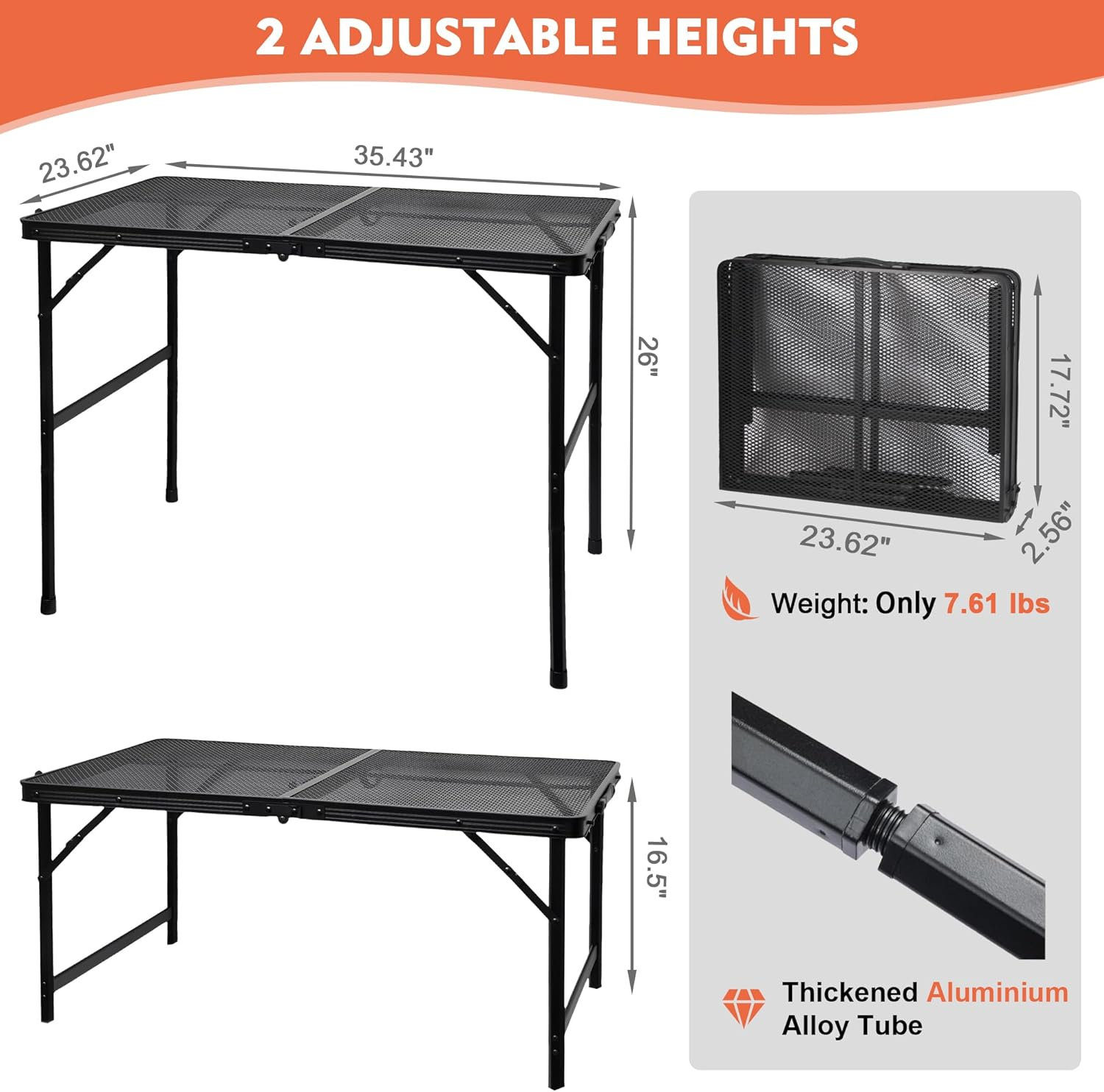 GREGIN Camping Table with Mesh Desktop, Lightweight & Portable Folding Grill Table, Height Adjustable Metal Outdoor Table for Camp, Cooking, BBQ, RV, Picnic-3 FT Black